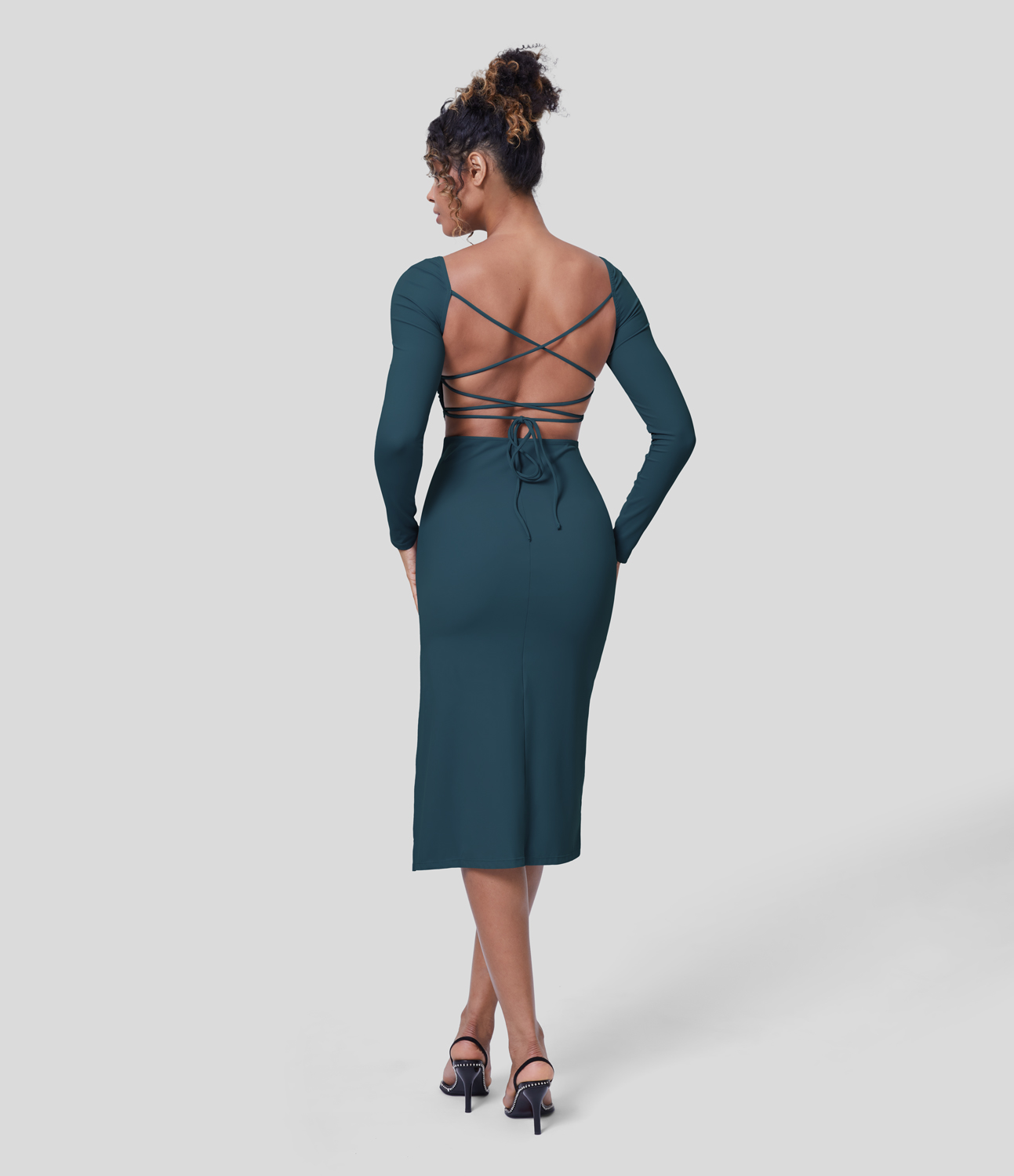 Halara Ruched Backless Crisscross Lace Up Long Sleeve Split Bodycon Midi Casual Dress Casual Dress - Majolica Blue - XS slip dress 