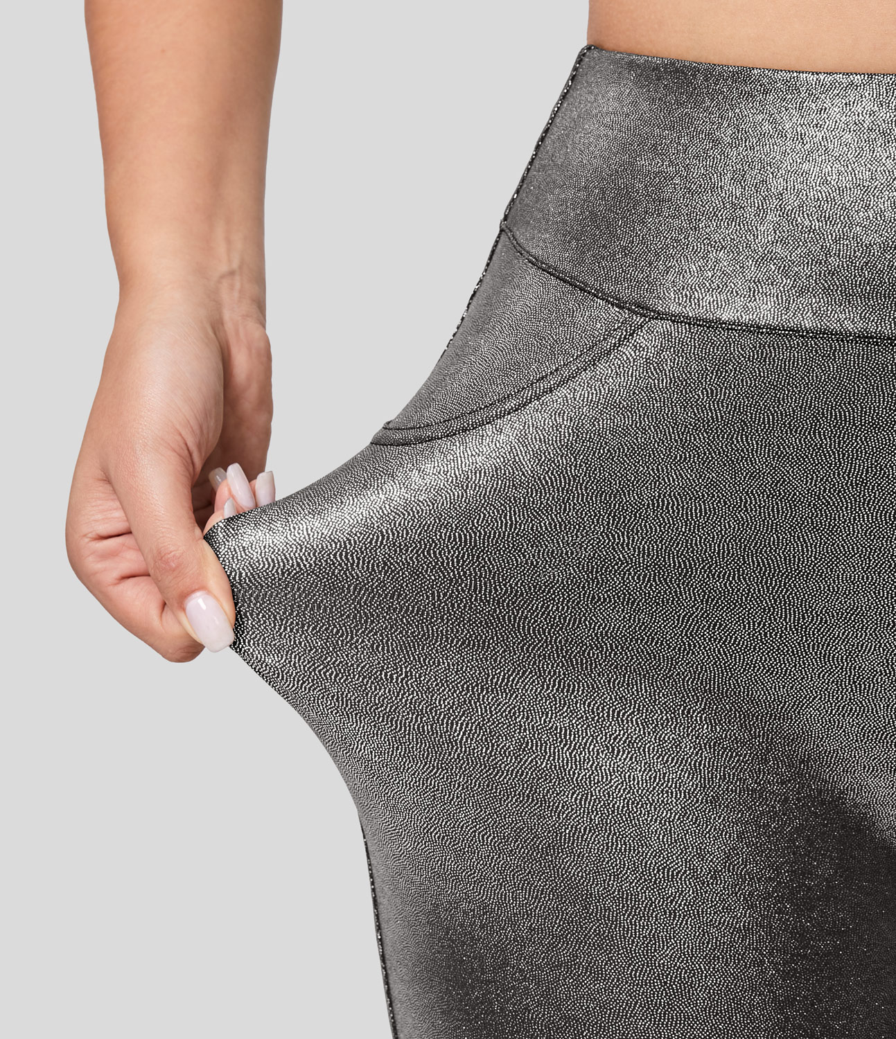 Halara Softlyzeroв„ў Faux Leather High Waisted Back Side Pocket Foil Print Stretchy Capri Yoga Leggings  - Shiny Black Silver - XS gym leggings 
