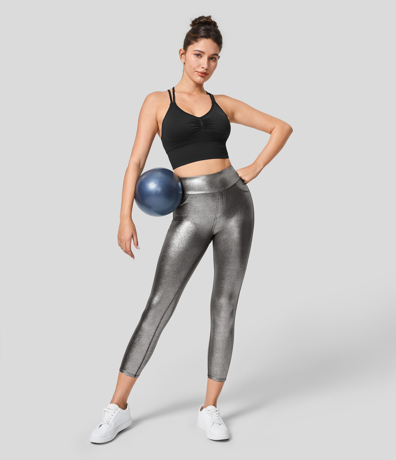 Halara Softlyzeroв„ў Faux Leather High Waisted Back Side Pocket Foil Print Stretchy Capri Yoga Leggings  - Shiny Black Silver - XS gym leggings 