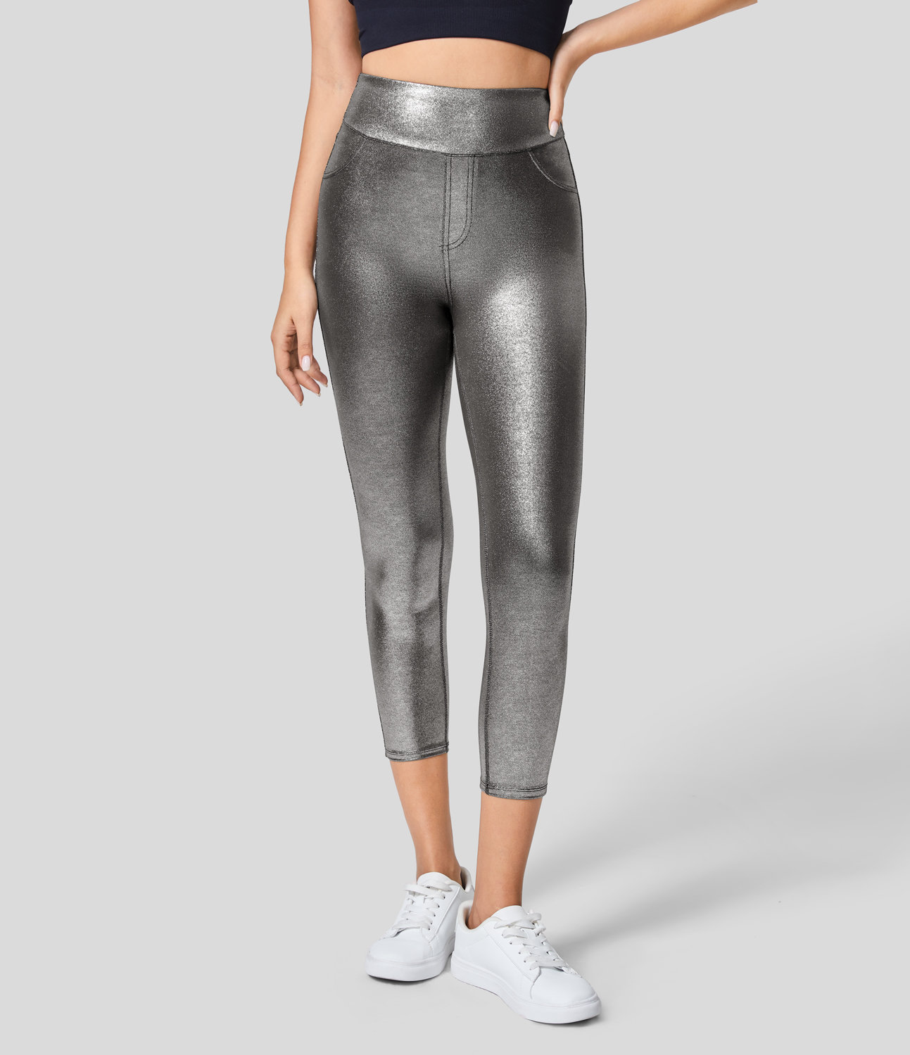 Halara Softlyzeroв„ў Faux Leather High Waisted Back Side Pocket Foil Print Stretchy Capri Yoga Leggings  - Shiny Black Silver - XS gym leggings 