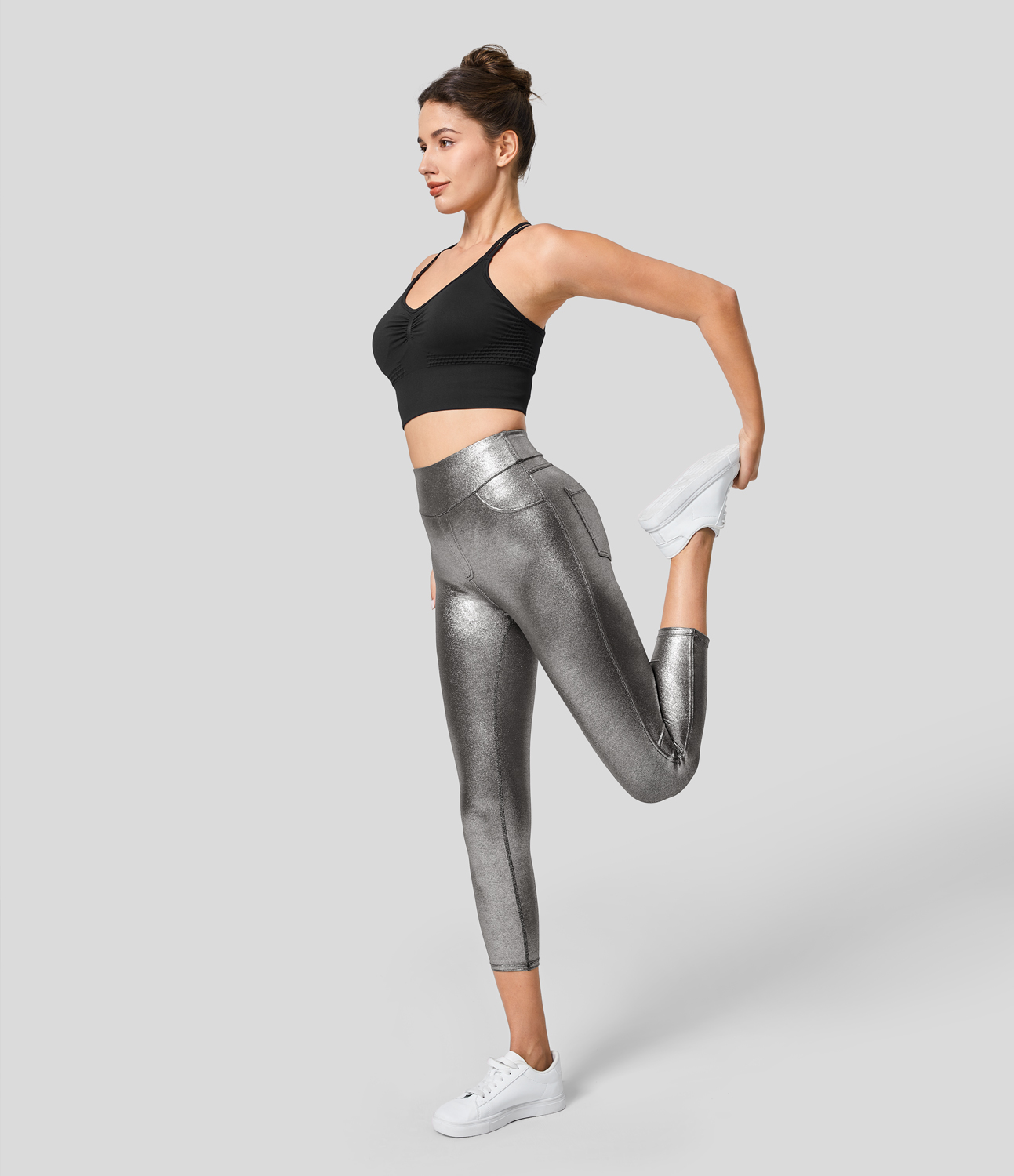 Halara Softlyzeroв„ў Faux Leather High Waisted Back Side Pocket Foil Print Stretchy Capri Yoga Leggings  - Shiny Black Silver - XS gym leggings 