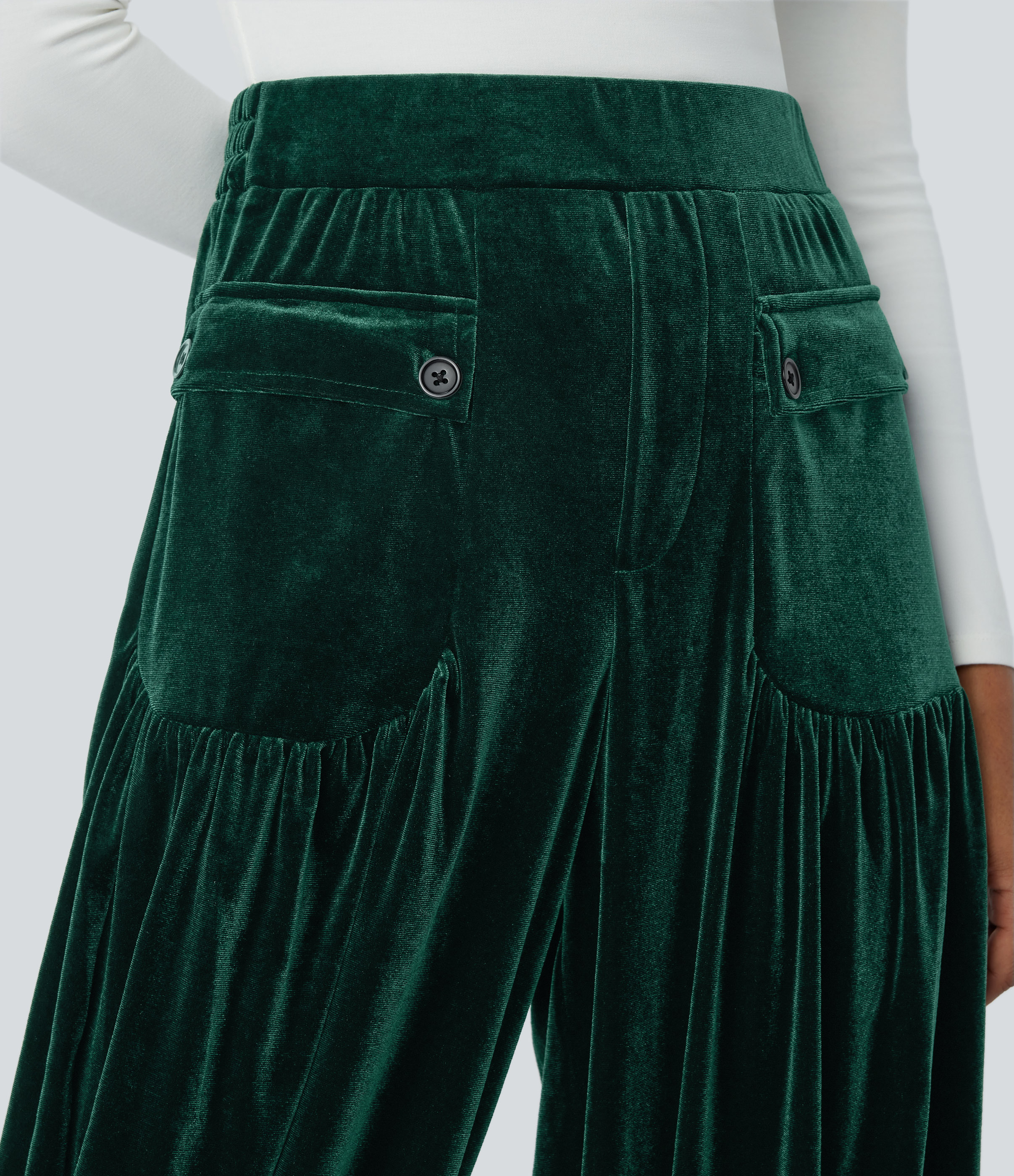 Halara High Waisted Front Side Pocket Plicated Adjustable Hem Velvet Casual Joggers  - Rain Forest - L(regular) 