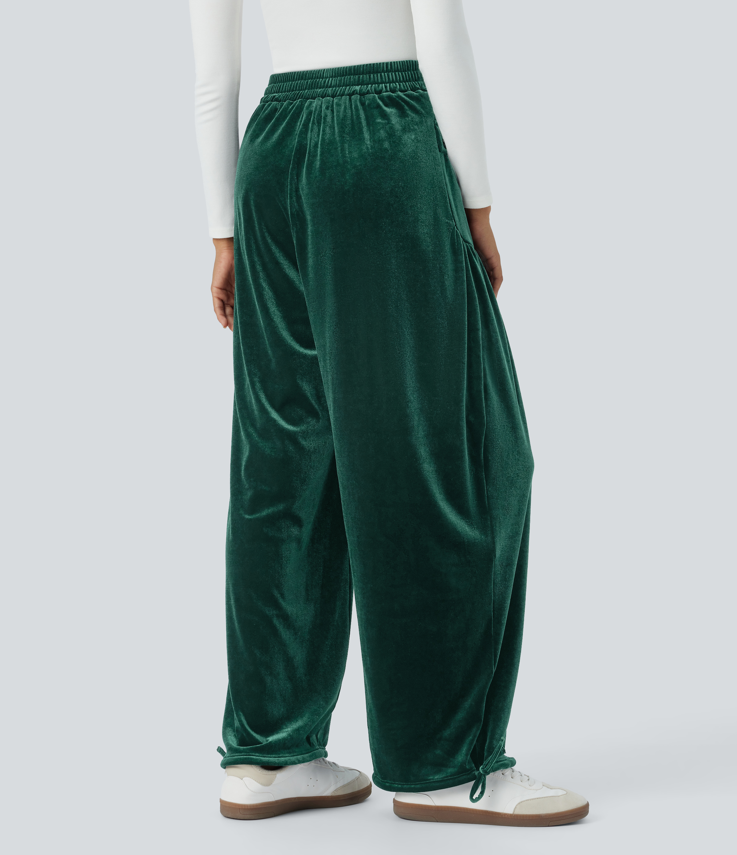 Halara High Waisted Front Side Pocket Plicated Adjustable Hem Velvet Casual Joggers  - Rain Forest - L(regular) 