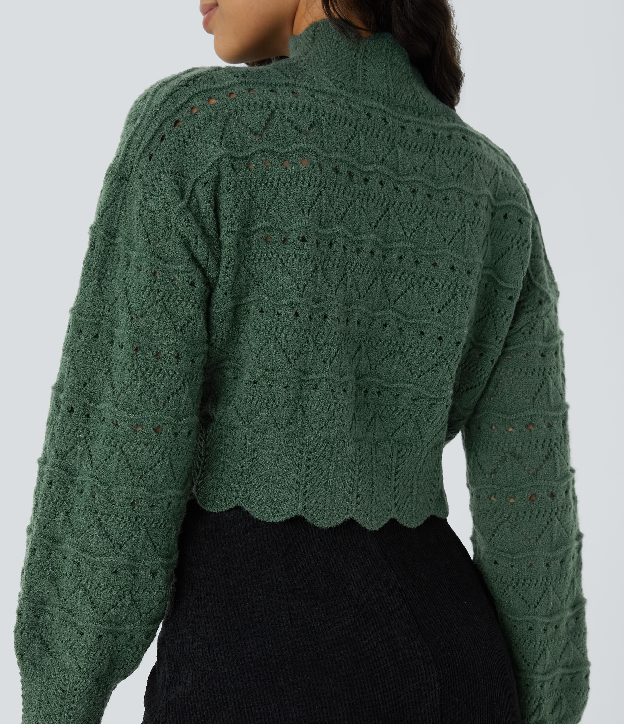 Halara Mock Neck Bishop Sleeve Scallop Hem Open Knit Casual Sweater  - Cilantro - XL 