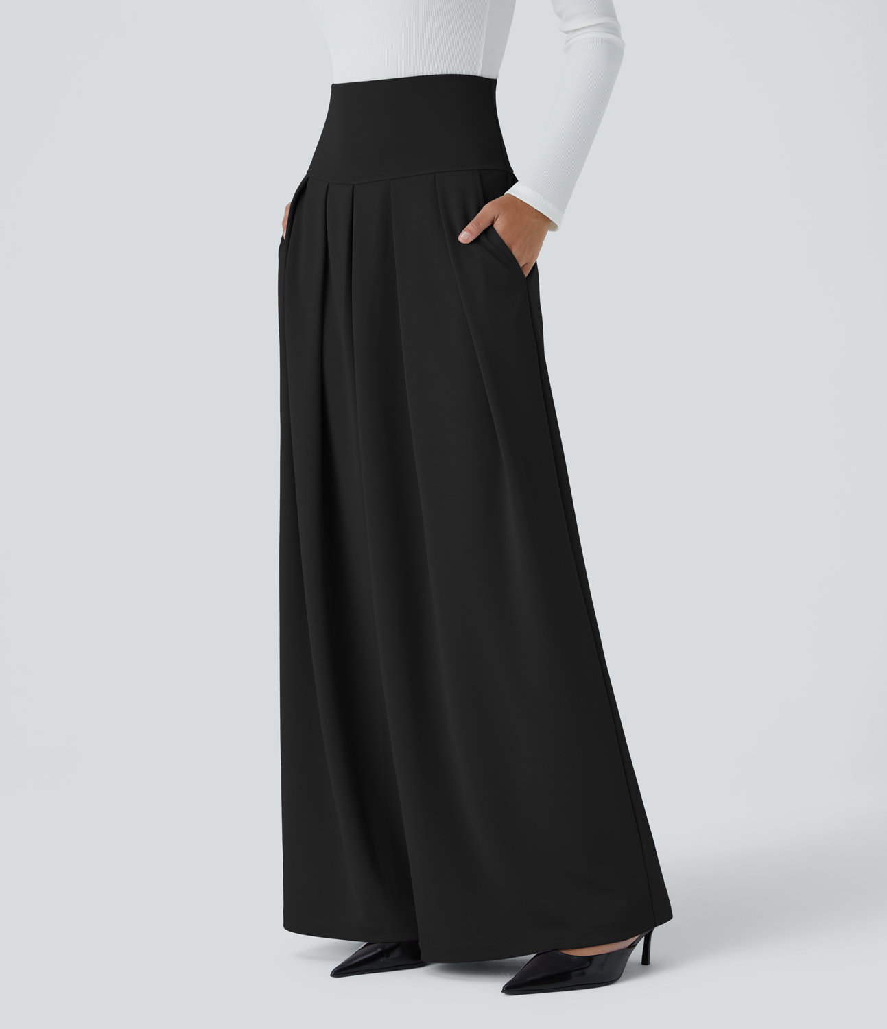 Halara Super High Waisted Pleated Side Pocket Wide Leg Crepe Work Pants  - Black - XS(regular) sweatpants jogger pants stacked sweatpants 