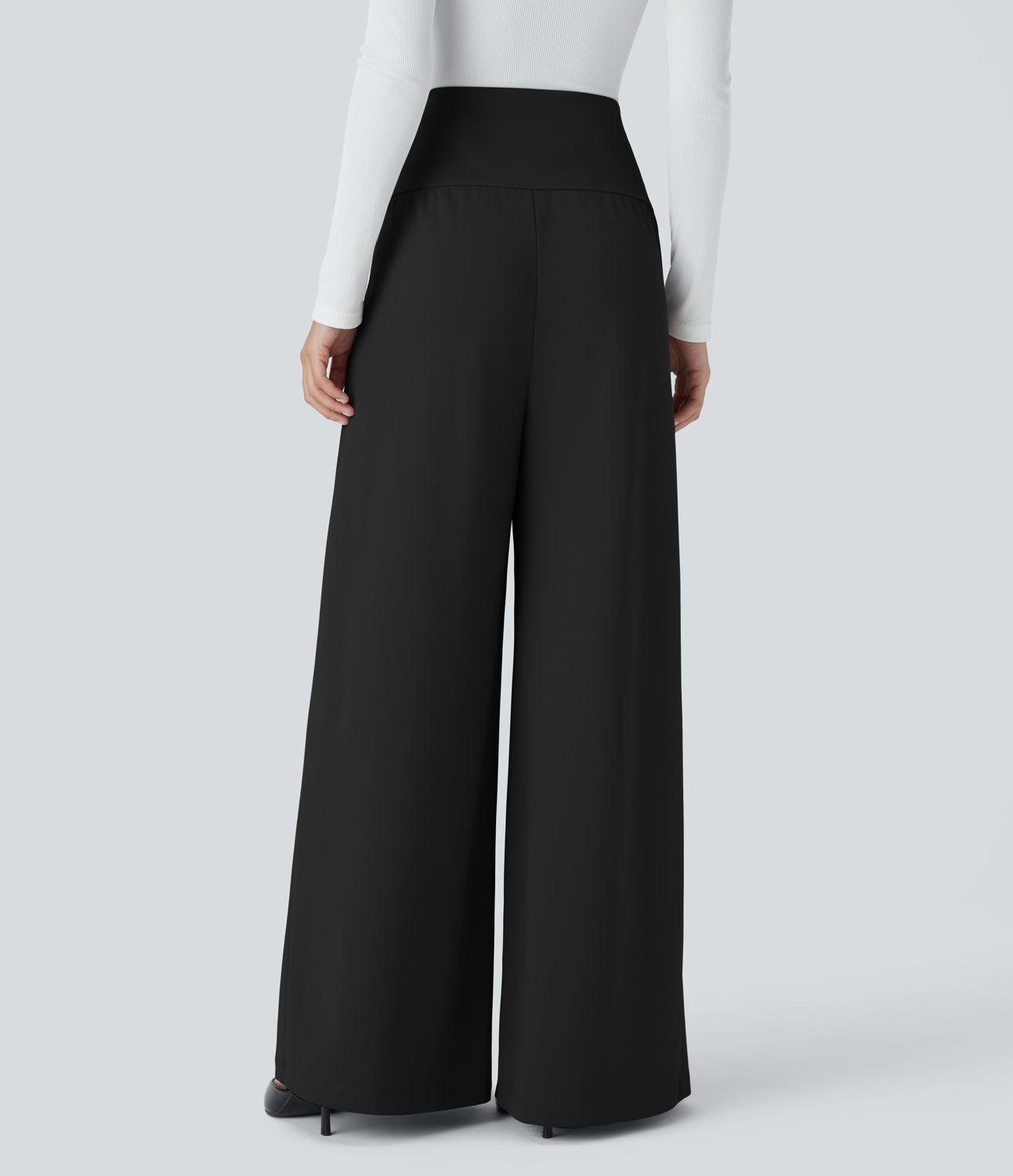 Halara Super High Waisted Pleated Side Pocket Wide Leg Crepe Work Pants  - Black - XS(regular) sweatpants jogger pants stacked sweatpants 