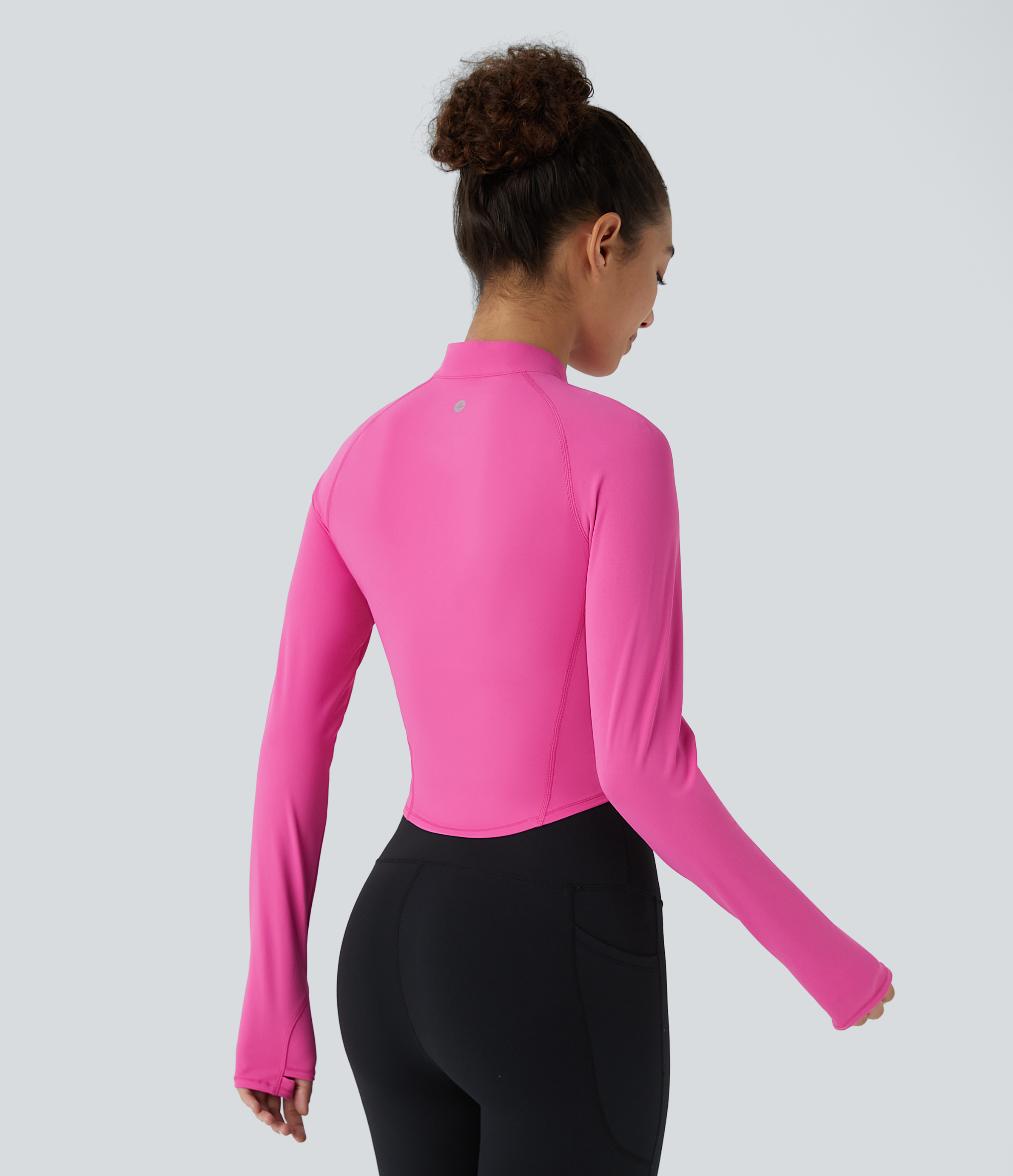 Halara Half Zipper Stand Collar Long Sleeve Thumb Hole Curved Hem Top-stitching Slim Quick Dry Workout Sports Top  - Gorgeous Powder Pink - XL 