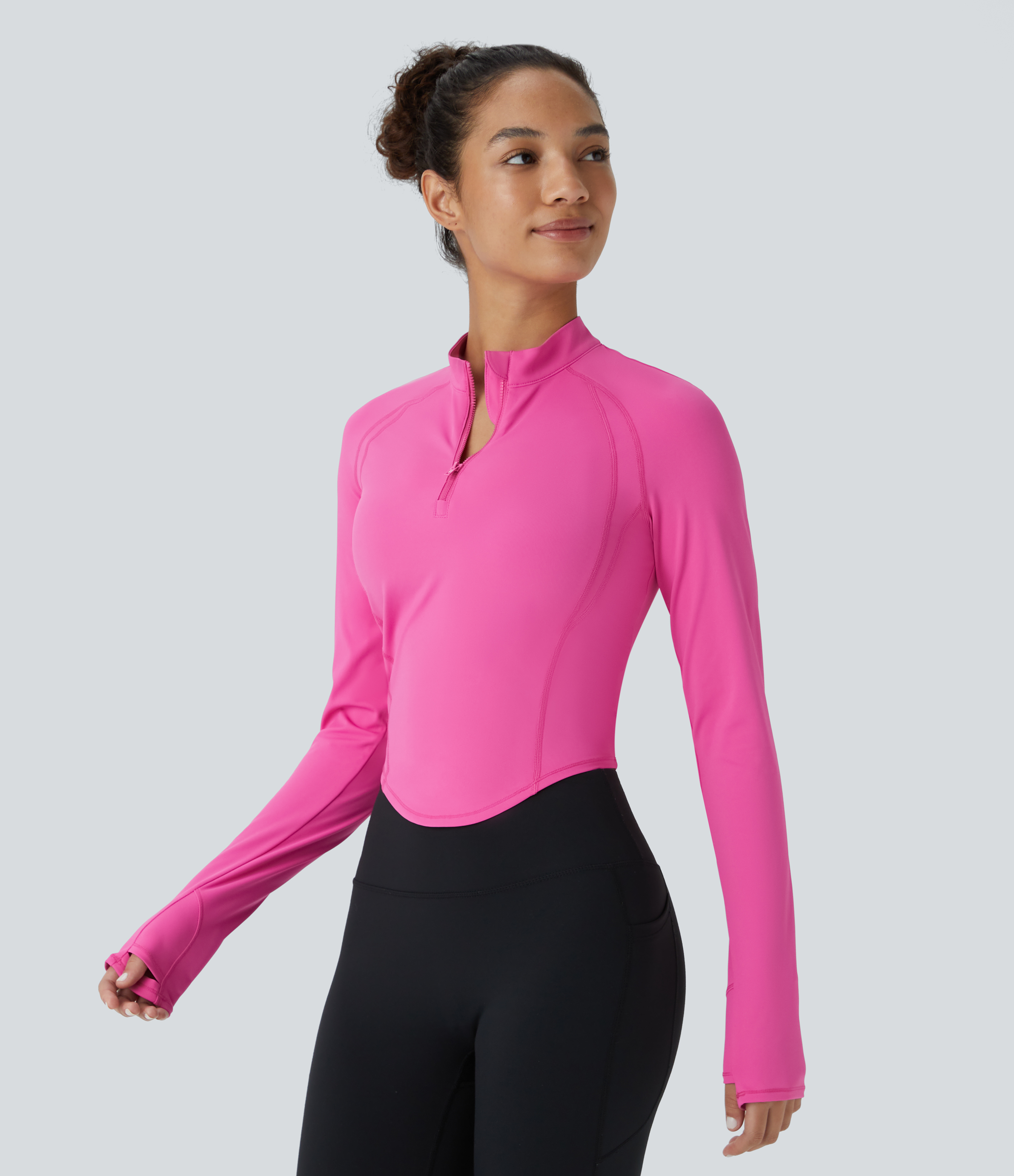 Halara Half Zipper Stand Collar Long Sleeve Thumb Hole Curved Hem Top-stitching Slim Quick Dry Workout Sports Top  - Gorgeous Powder Pink - XL 