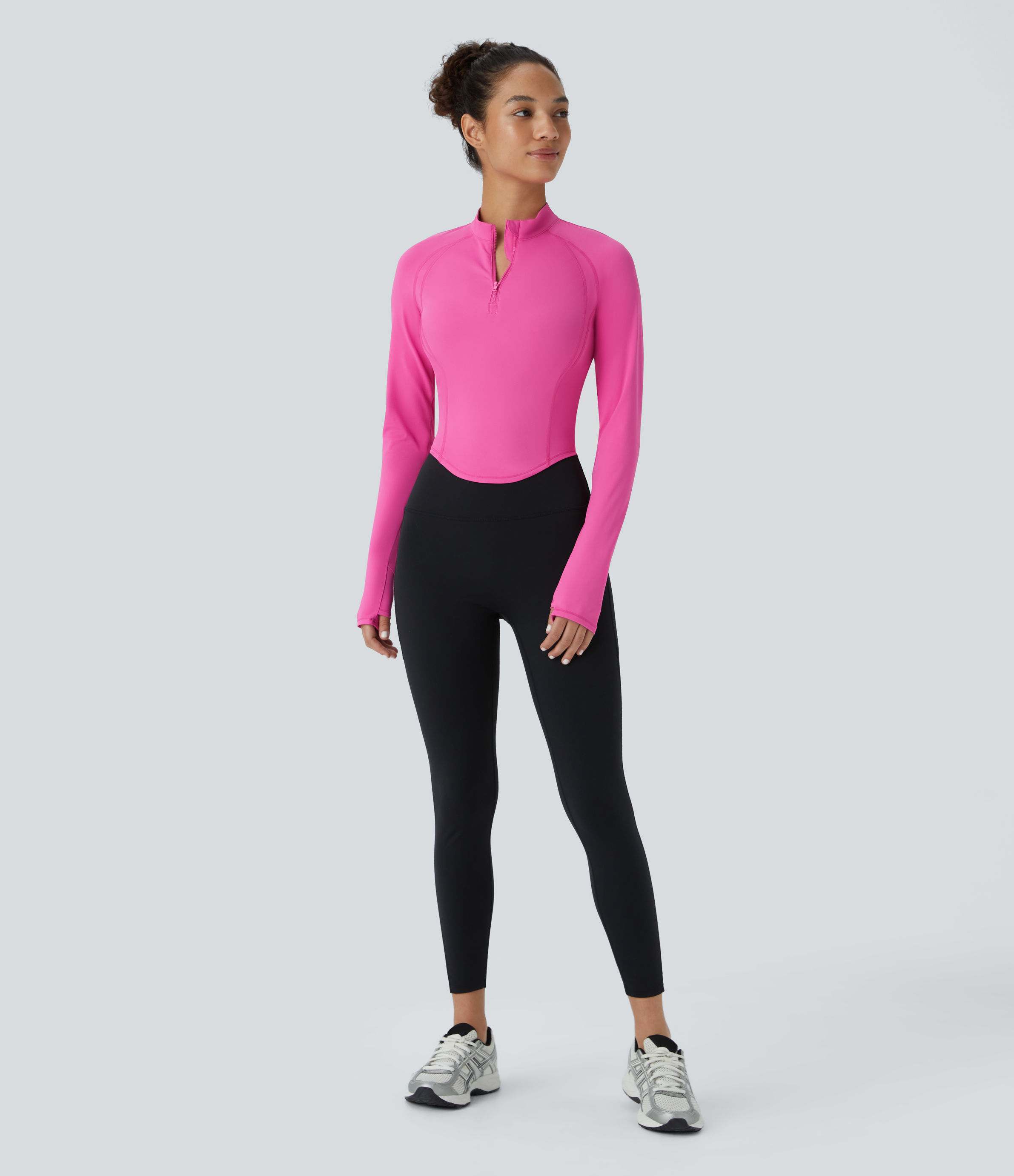 Halara Half Zipper Stand Collar Long Sleeve Thumb Hole Curved Hem Top-stitching Slim Quick Dry Workout Sports Top  - Gorgeous Powder Pink - XL 