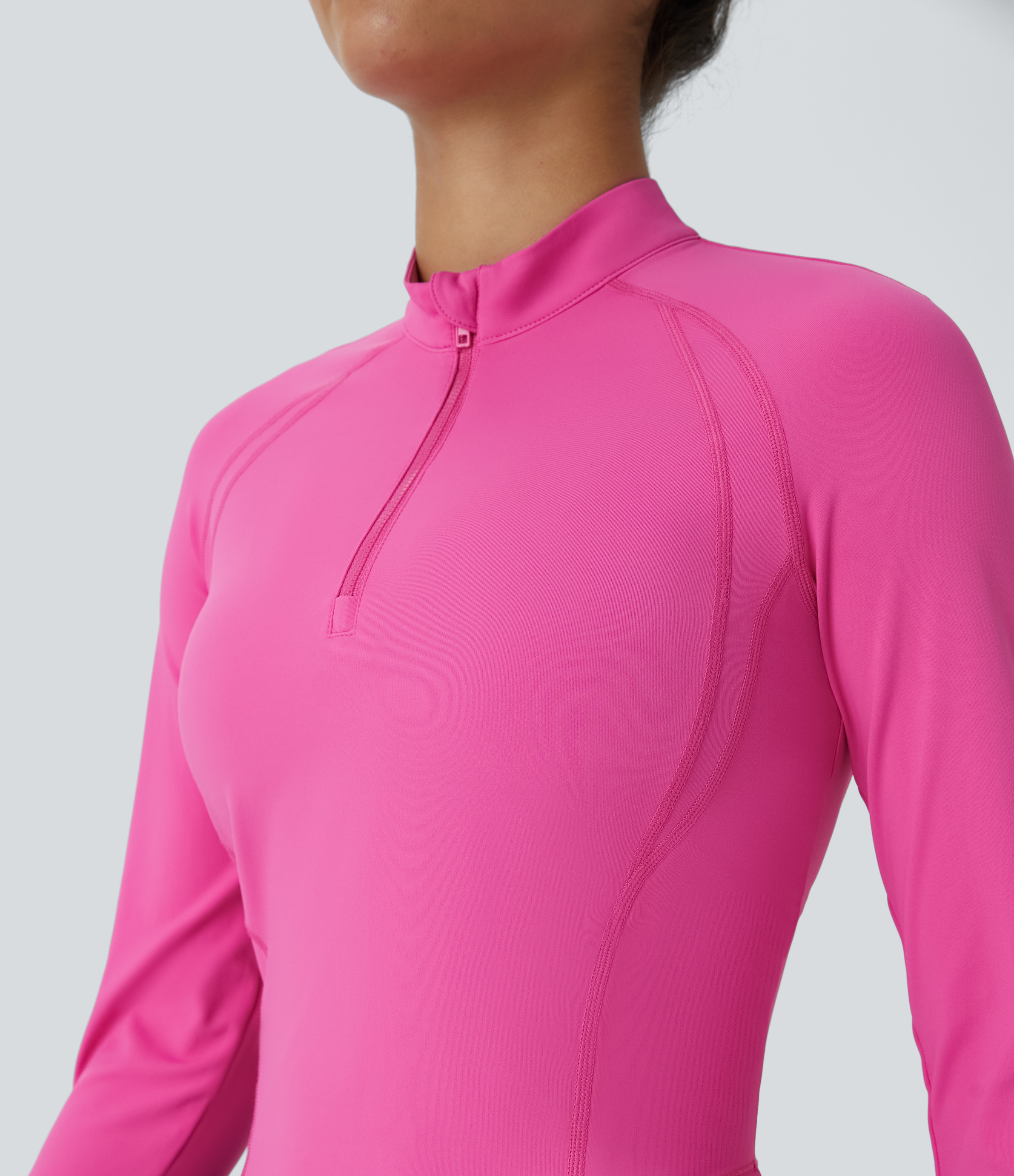 Halara Half Zipper Stand Collar Long Sleeve Thumb Hole Curved Hem Top-stitching Slim Quick Dry Workout Sports Top  - Gorgeous Powder Pink - XL 