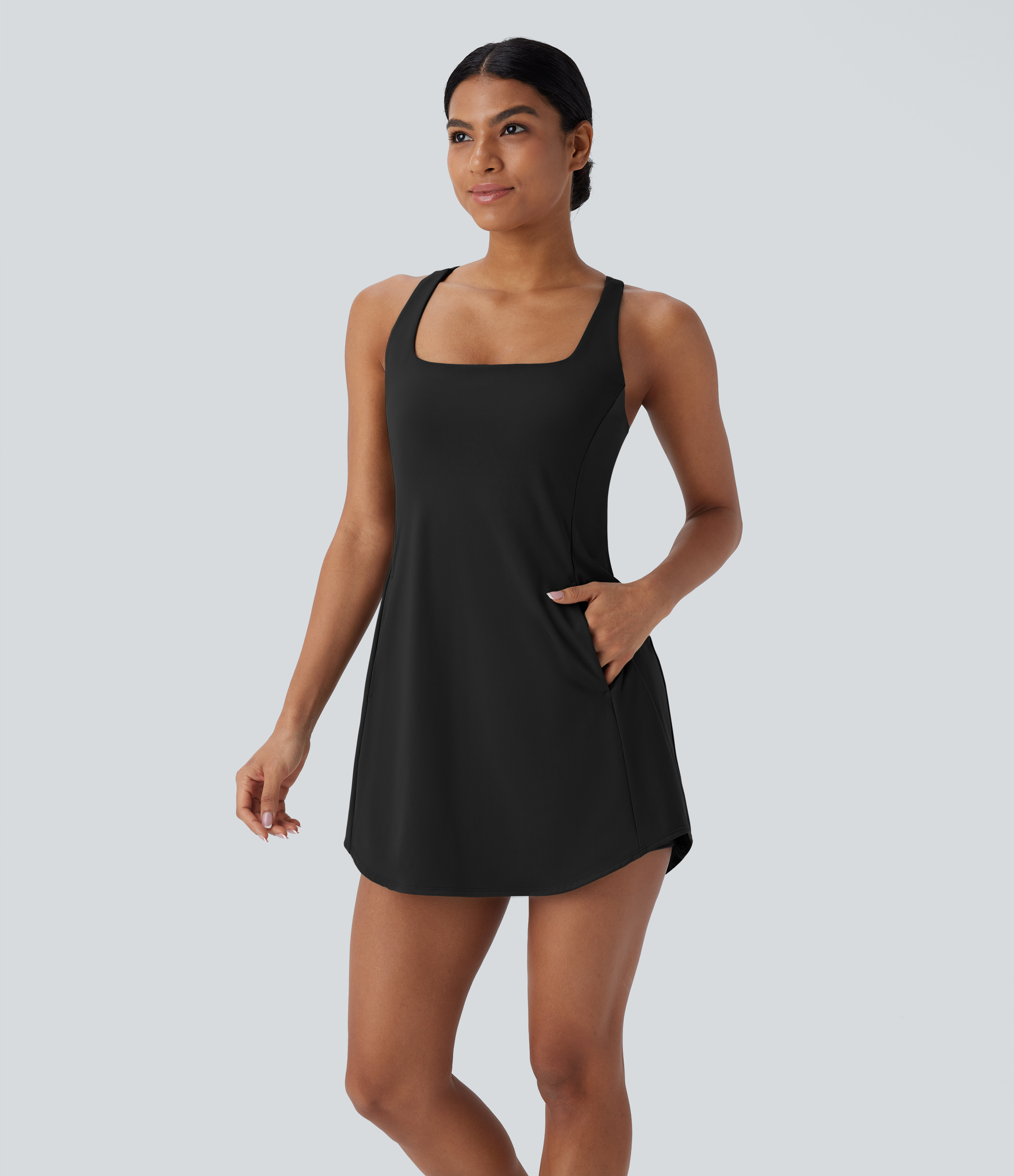 Halara Softlyzeroв„ў Plush Backless Crisscross Cut Out Side Pocket 2-Piece Mini Yoga Active Dress Workout Dress - Black - L 