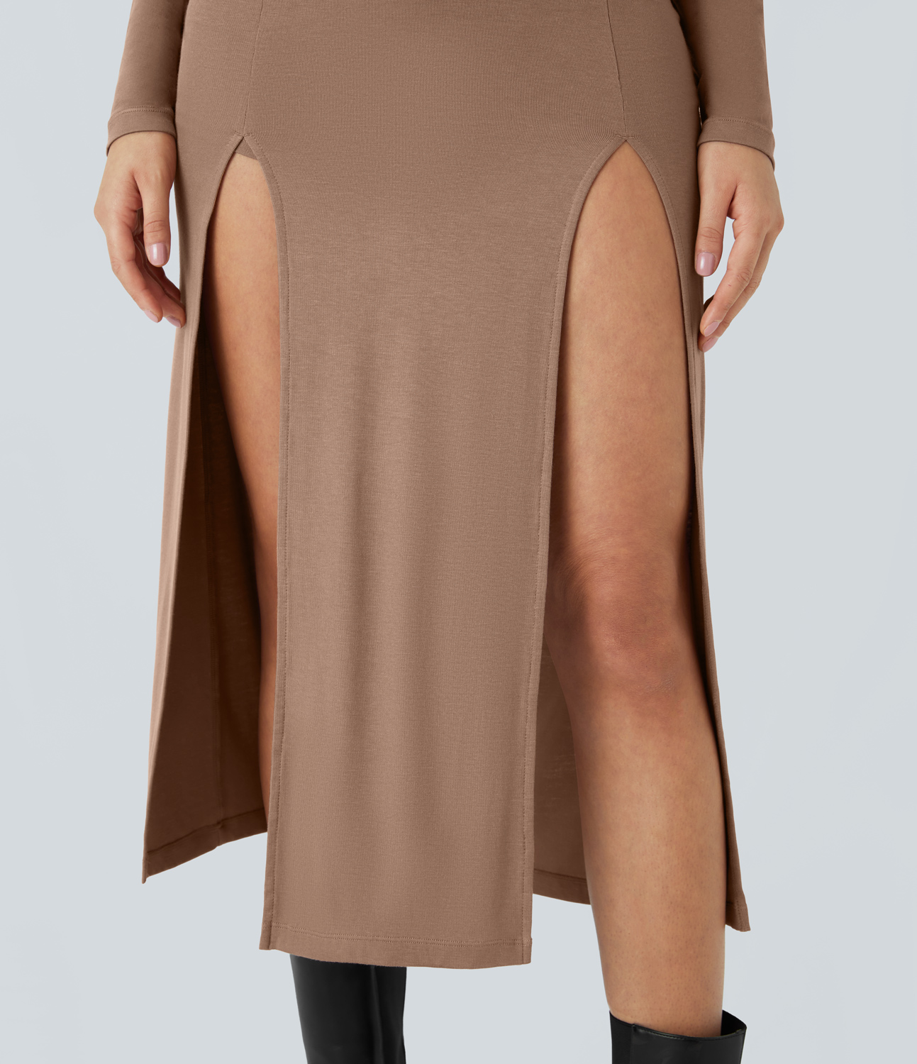 Halara Ribbed Hooded High Neck Long Sleeve Cut Out Tie Back Split 2-Piece Midi Casual Dress Casual Dress - Beaver Fur - S slip dress 