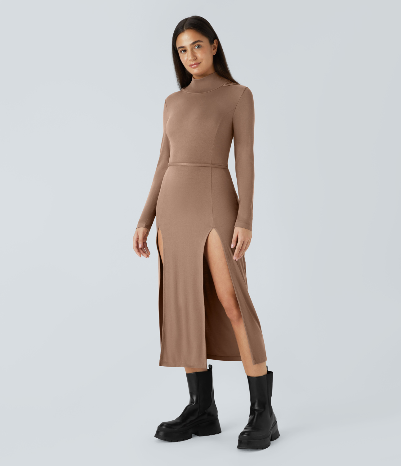 Halara Ribbed Hooded High Neck Long Sleeve Cut Out Tie Back Split 2-Piece Midi Casual Dress Casual Dress - Beaver Fur - S slip dress 