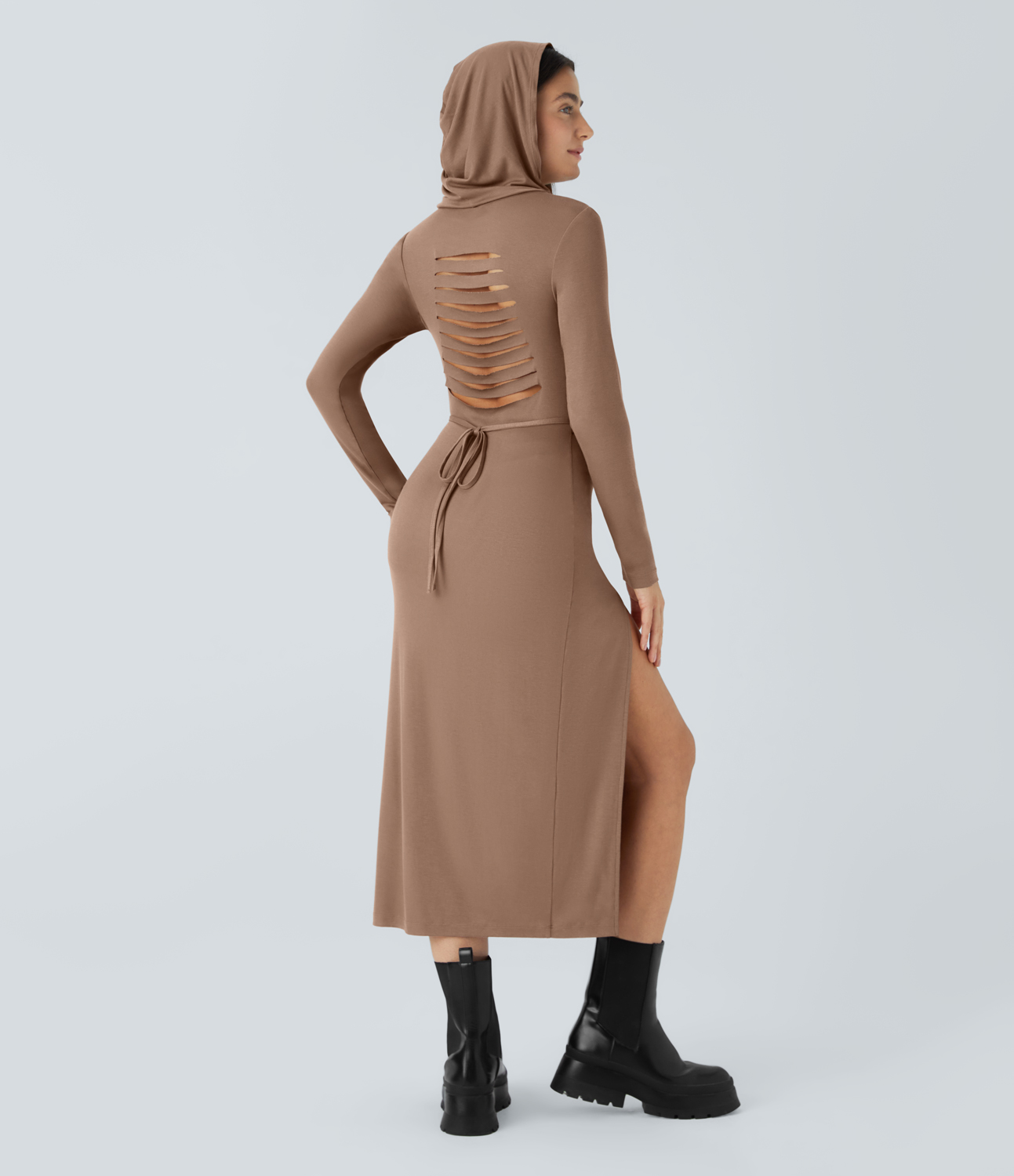 Halara Ribbed Hooded High Neck Long Sleeve Cut Out Tie Back Split 2-Piece Midi Casual Dress Casual Dress - Beaver Fur - S slip dress 