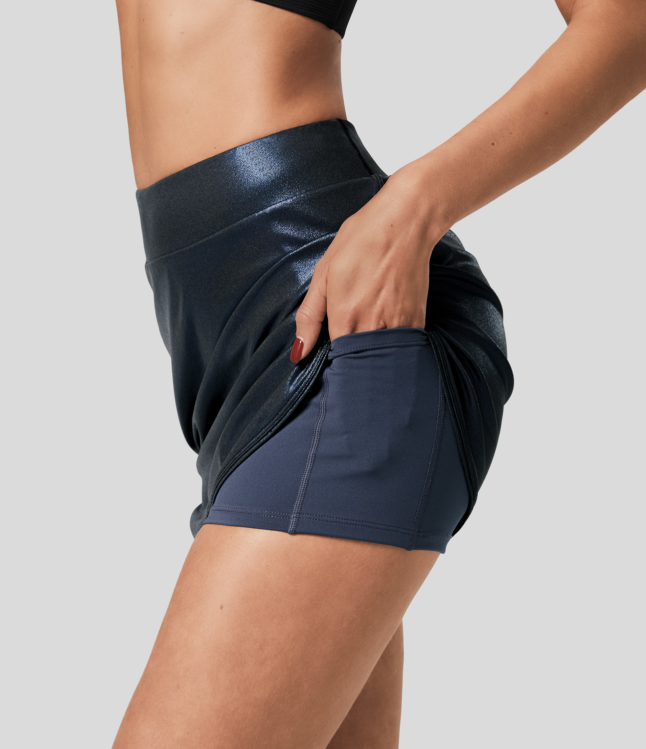 Halara Softlyzeroв„ў Faux Leather High Waisted 2-in-1 Side Pocket Curved Hem Metallic Foil Print Stretchy Bodycon Mini Party Skirt  - Shiny Midnight Blue - M(regular) 
