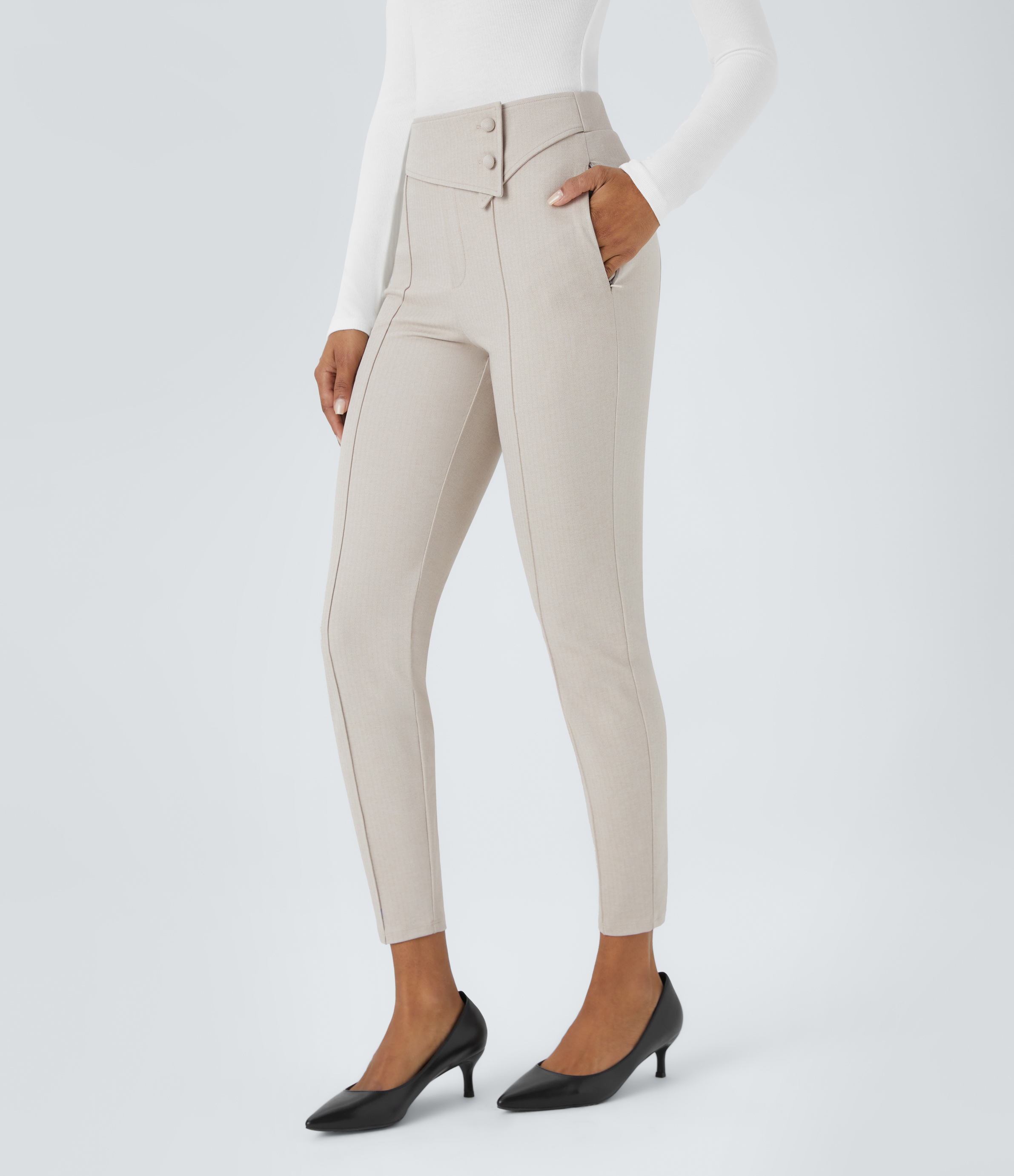 Halara Foldover High Waisted Side Zipper Pocket Herringbone Work Leggings  - Moonbeam - XS(7/8) 