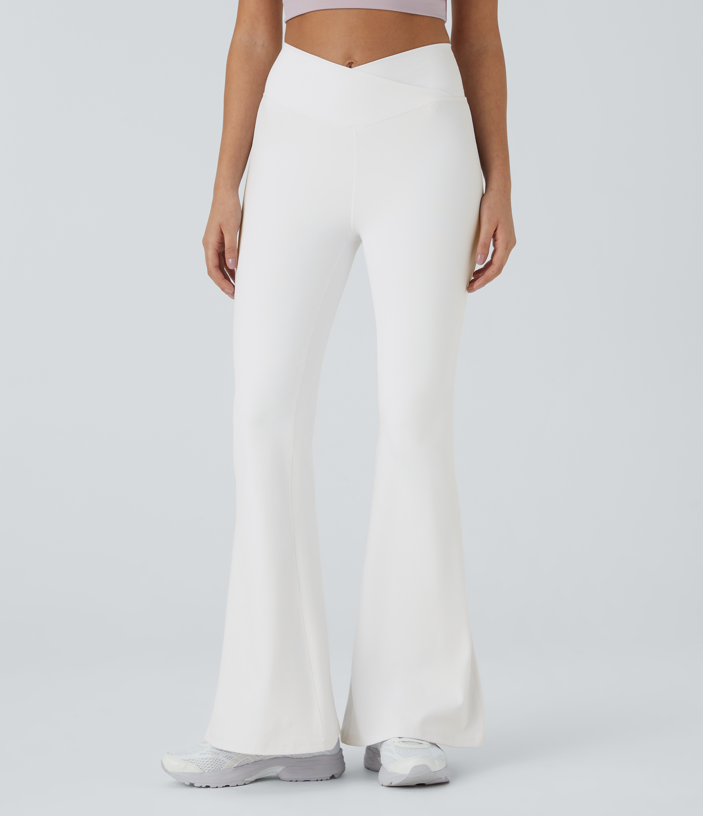 Halara Crossover High Waisted Back Pocket Super Flare Leggings  - White - L(petite) gym leggings leggings with pockets 