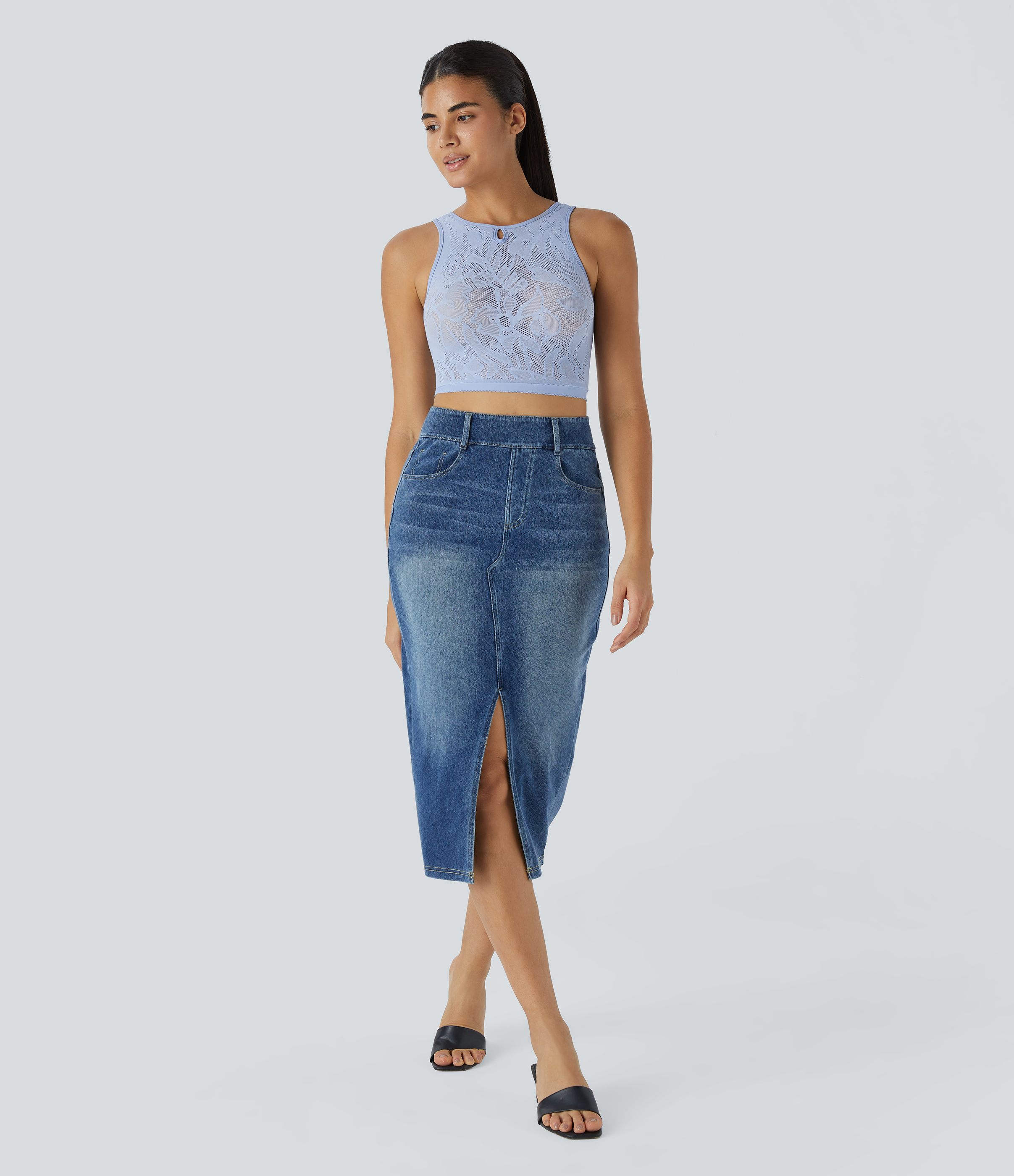 Halara Seamless Flow Cut Out Cropped Casual Tank Top Tank Top - Light Baby Blue - One Size golf tops halter top tunic tops sleeveless tops 