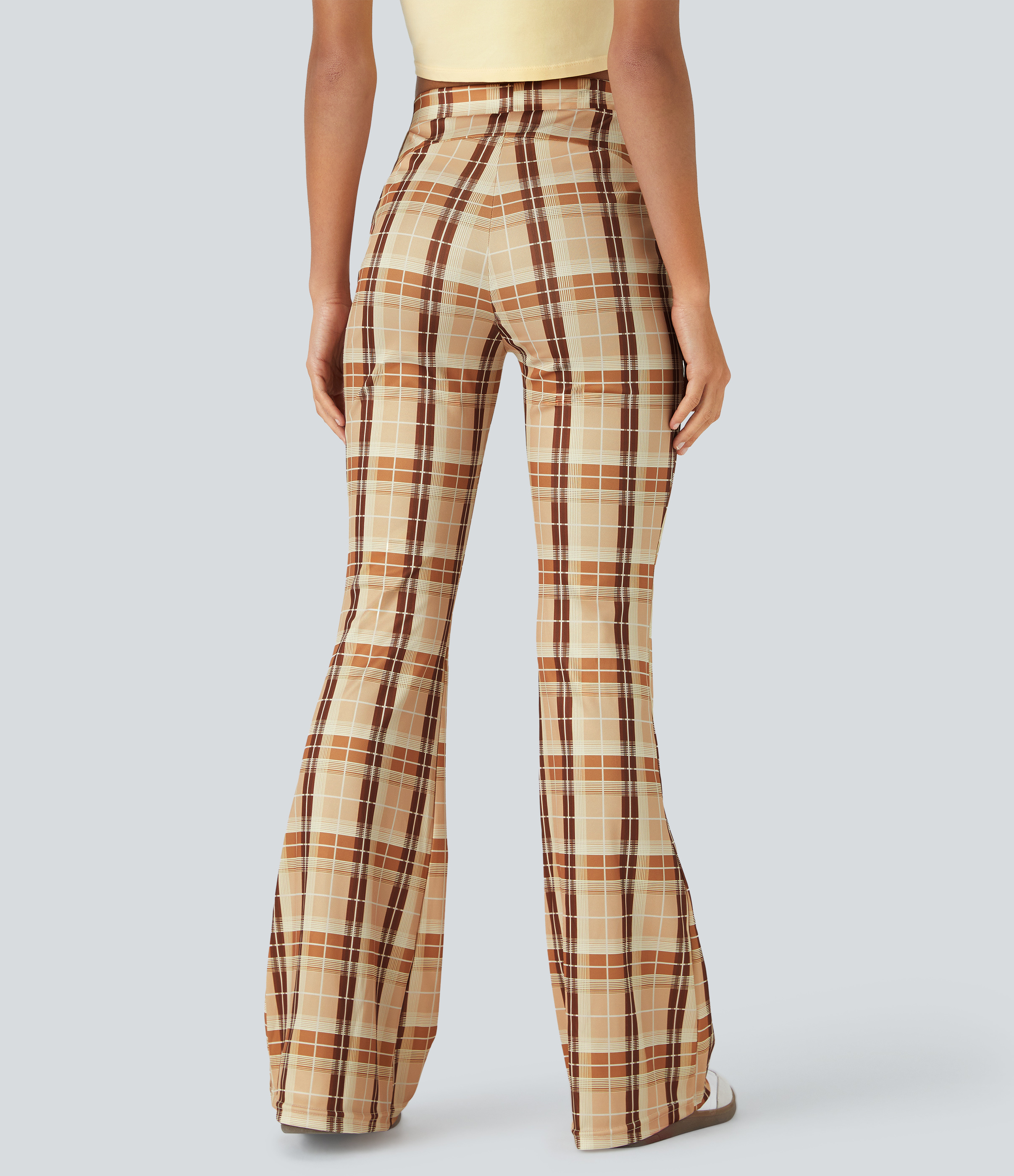 Halara High Waisted Pocket Plaid Flare Casual Pants  - Light Yellow Plaid - M 