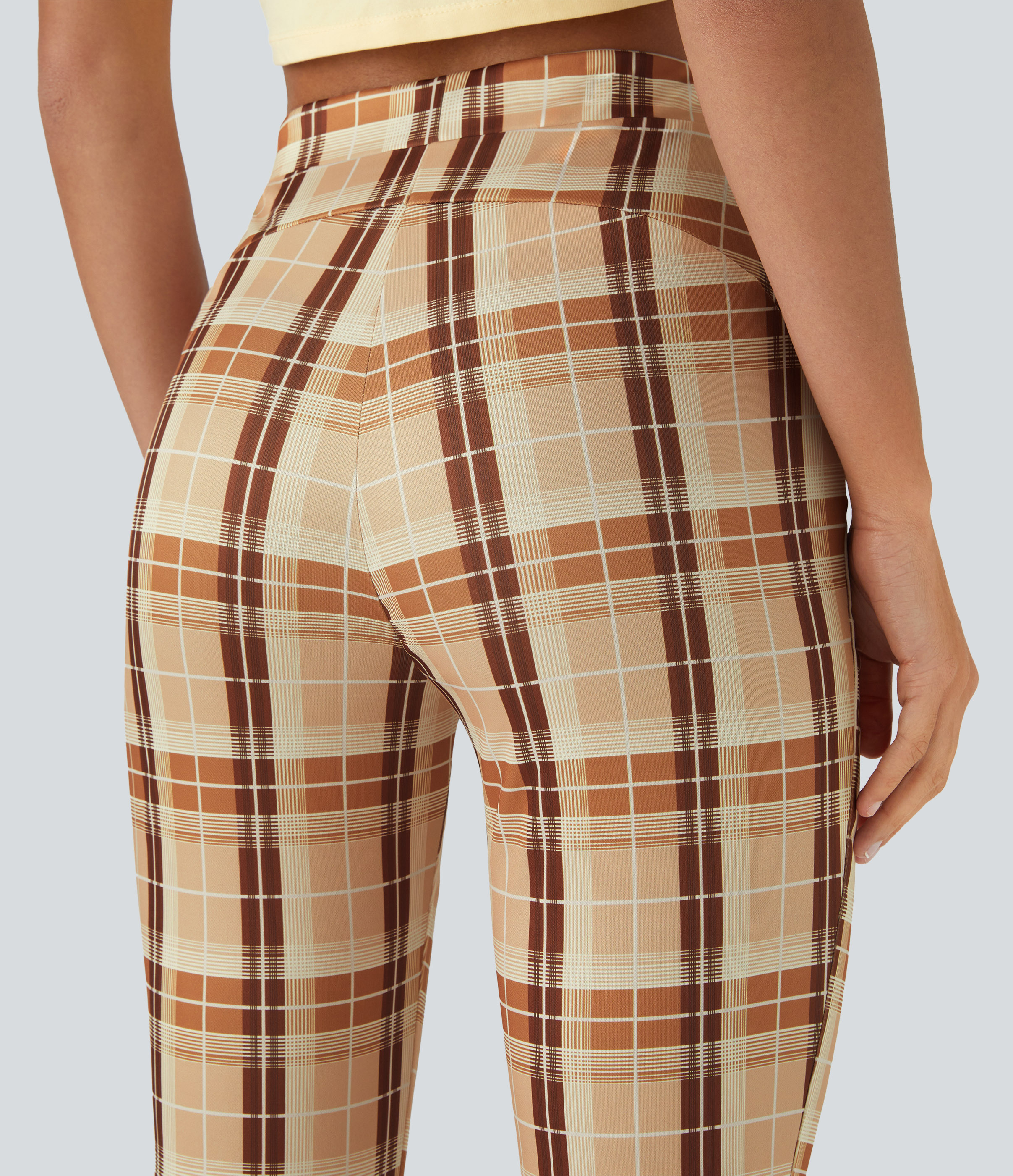 Halara High Waisted Pocket Plaid Flare Casual Pants  - Light Yellow Plaid - M 