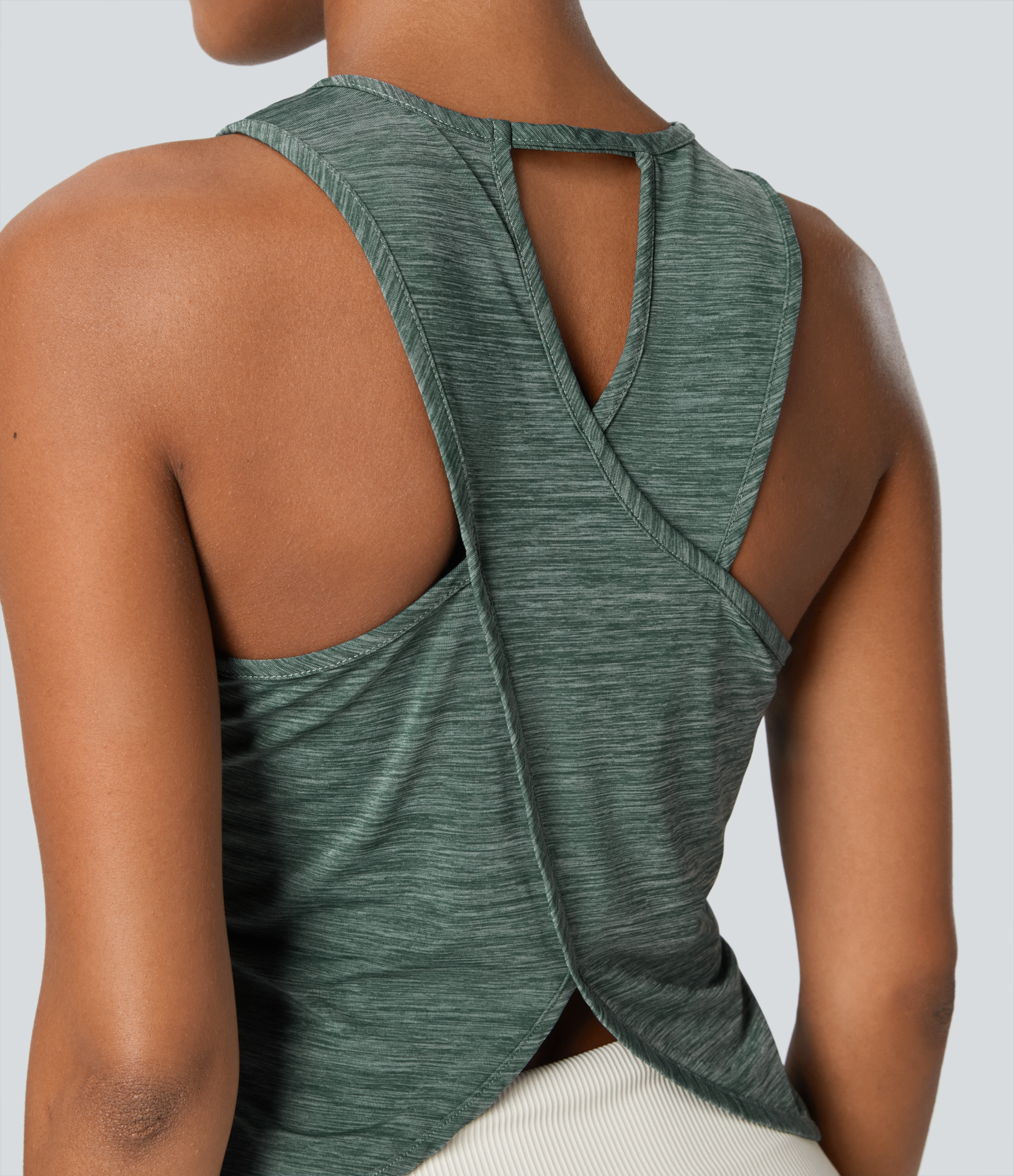 Halara Crisscross Back Curved Hem Yoga Tank Top Tank Top - Green Texture - XS golf tops halter top tunic tops sleeveless tops backless top 