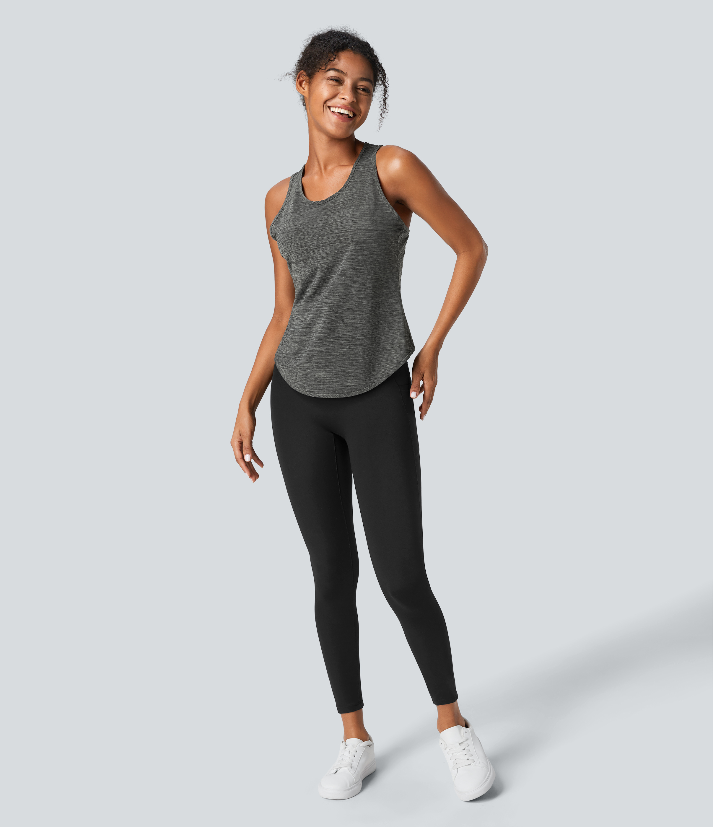 Halara Crisscross Back Curved Hem Yoga Tank Top Tank Top - Deep Gray Texture - XS golf tops halter top tunic tops sleeveless tops 
