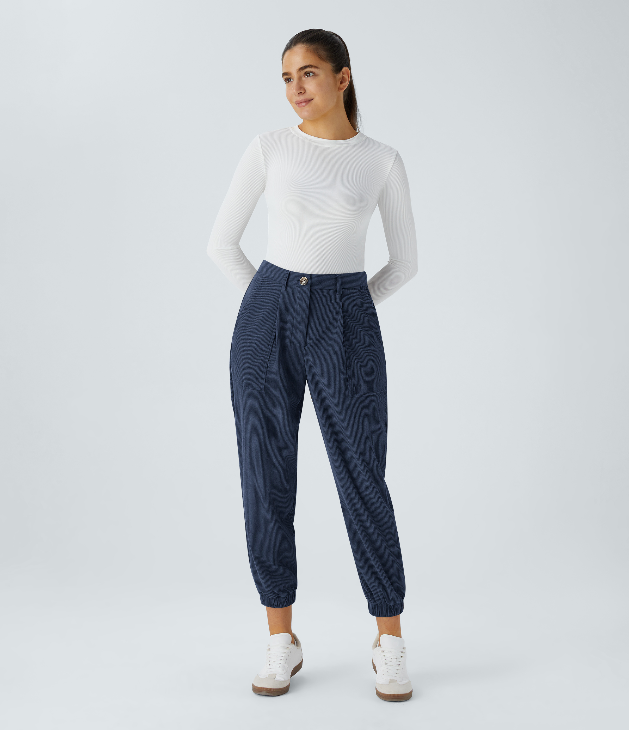 Halara Mid Rise Button Zipper Multiple Pockets Corduroy Casual Joggers  - Dress Blues - M(regular) 