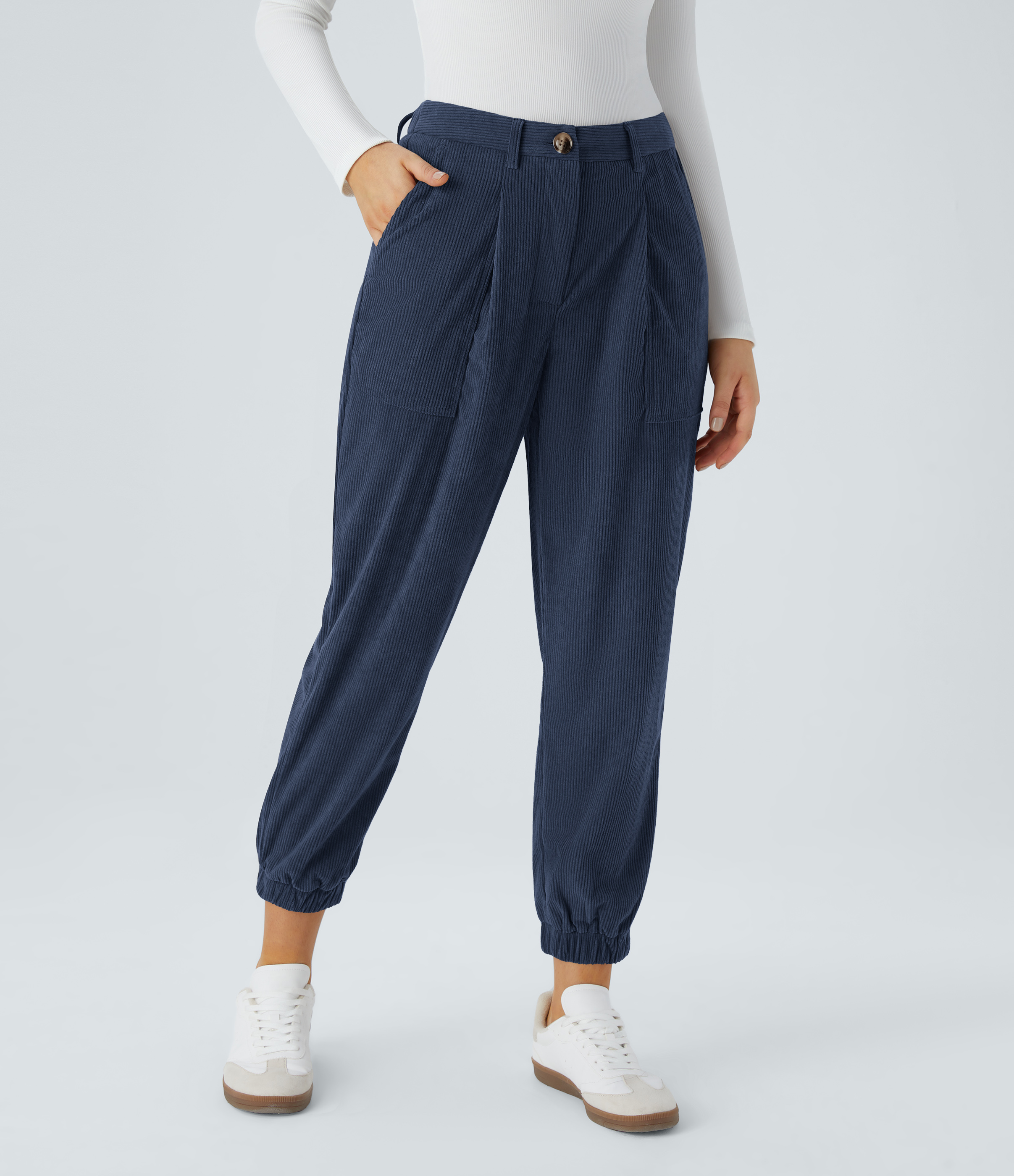 Halara Mid Rise Button Zipper Multiple Pockets Corduroy Casual Joggers  - Dress Blues - M(regular) 