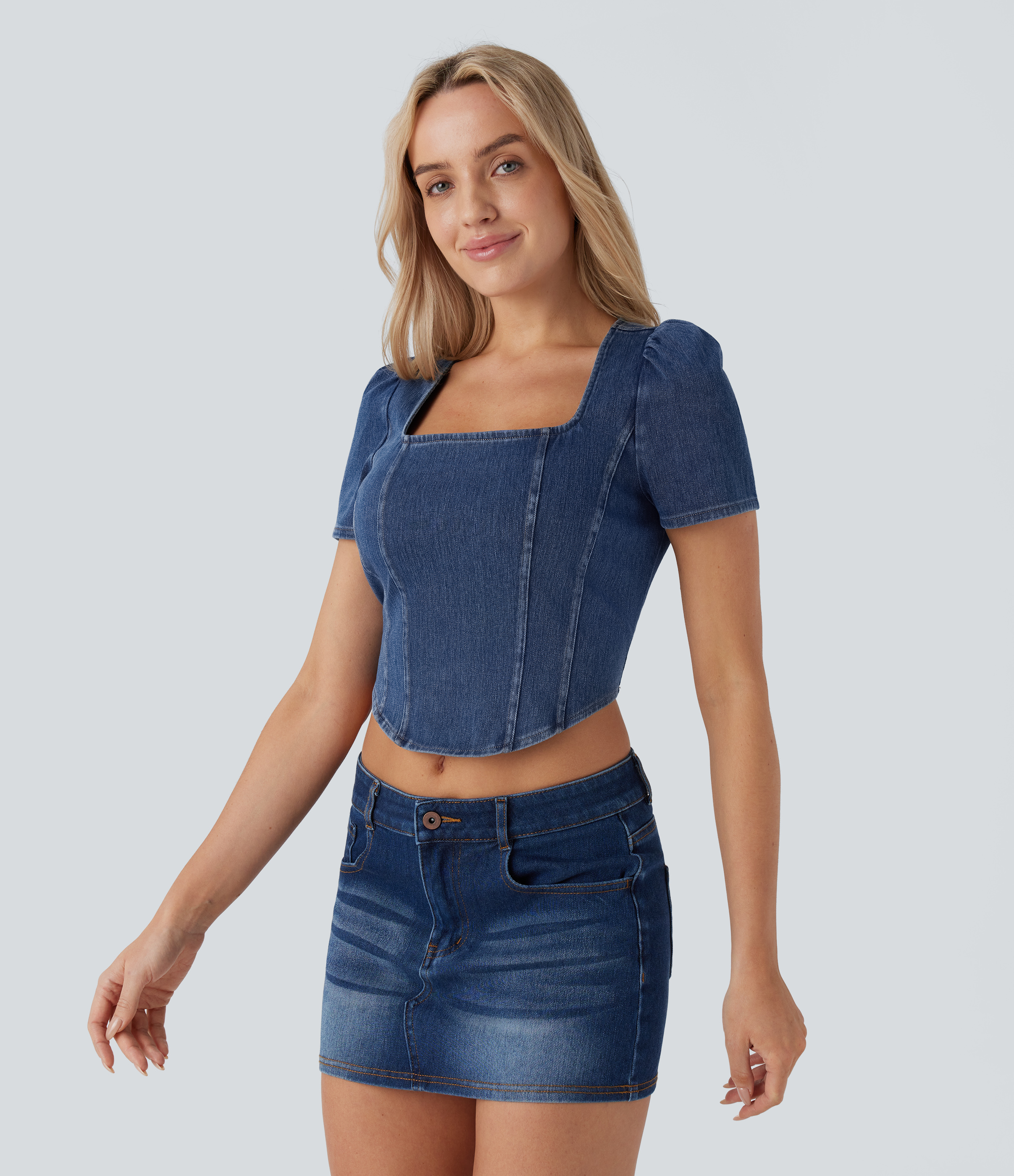Halara Flex™ Square Neck Short Sleeve Curved Hem Denim Cropped Casual Blouse