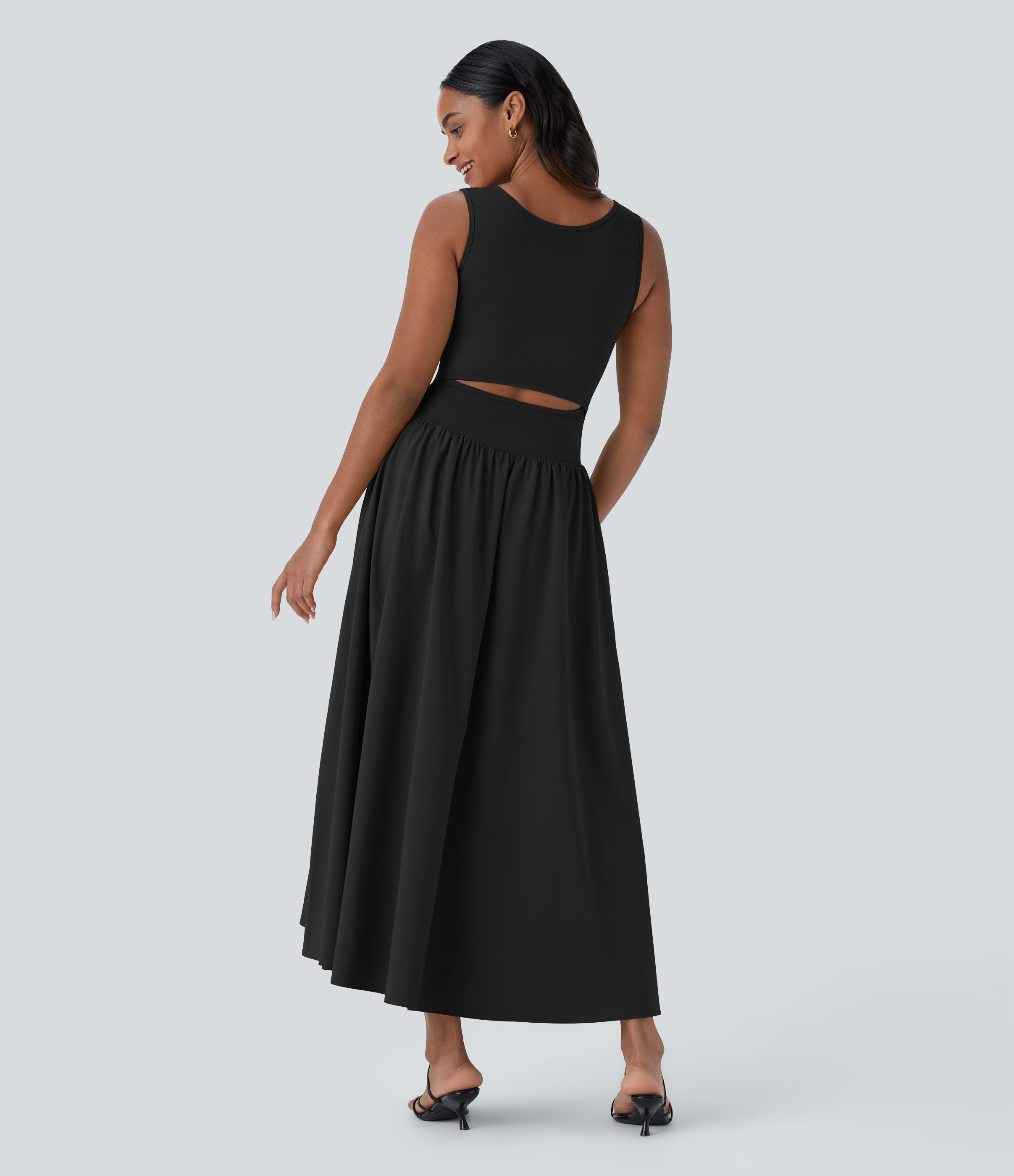 Halara Breezefulв„ў Sleeveless Cut Out Quick Dry Maxi Casual Dress-Front and Back Wearable Casual Dress - Black - XS slip dress beach dress 