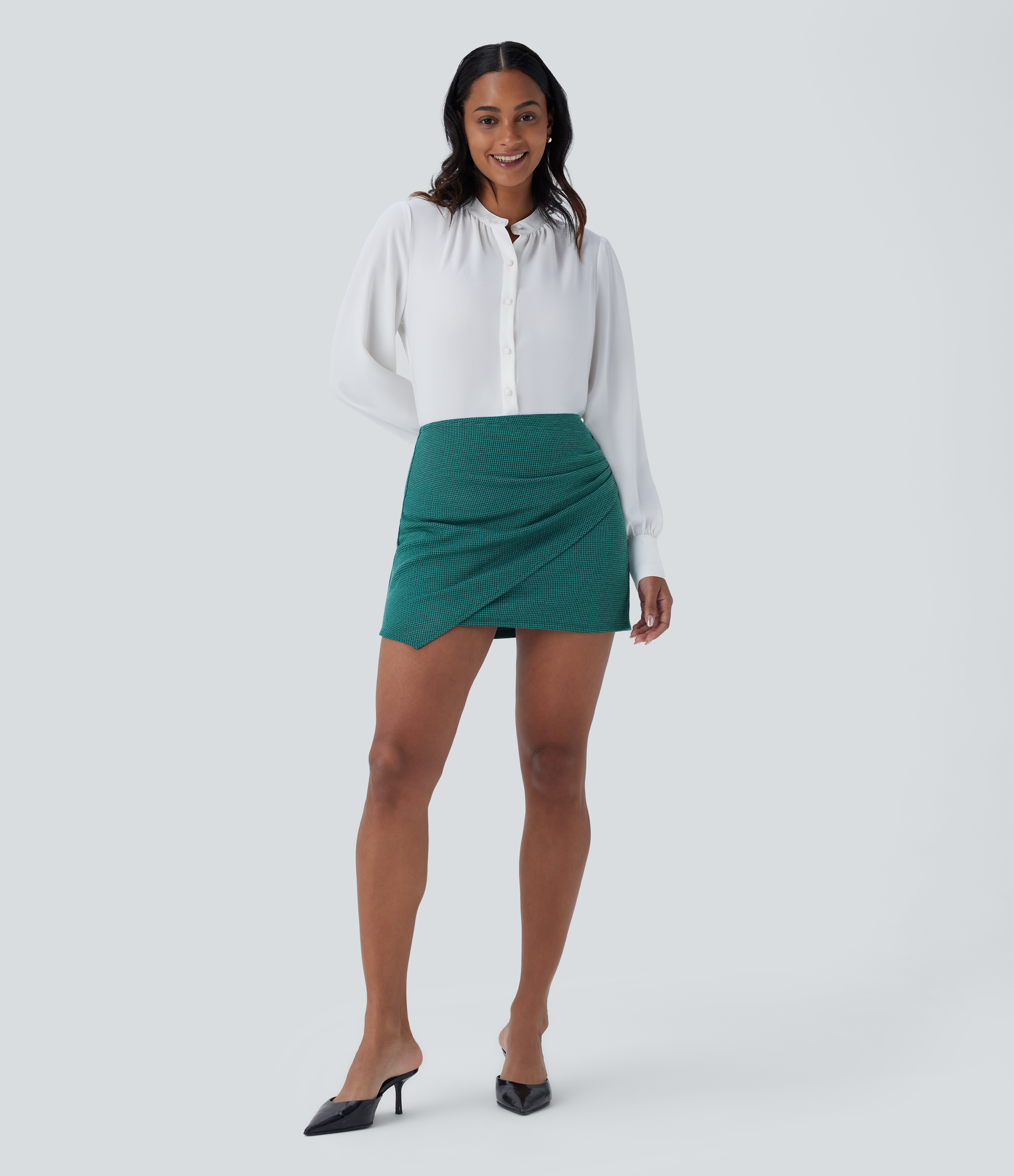 Halara High Waisted Asymmetric Ruched 2-in-1 Houndstooth Mini Work Skirt  - Green Cypress Houndstooth - S(regular) 