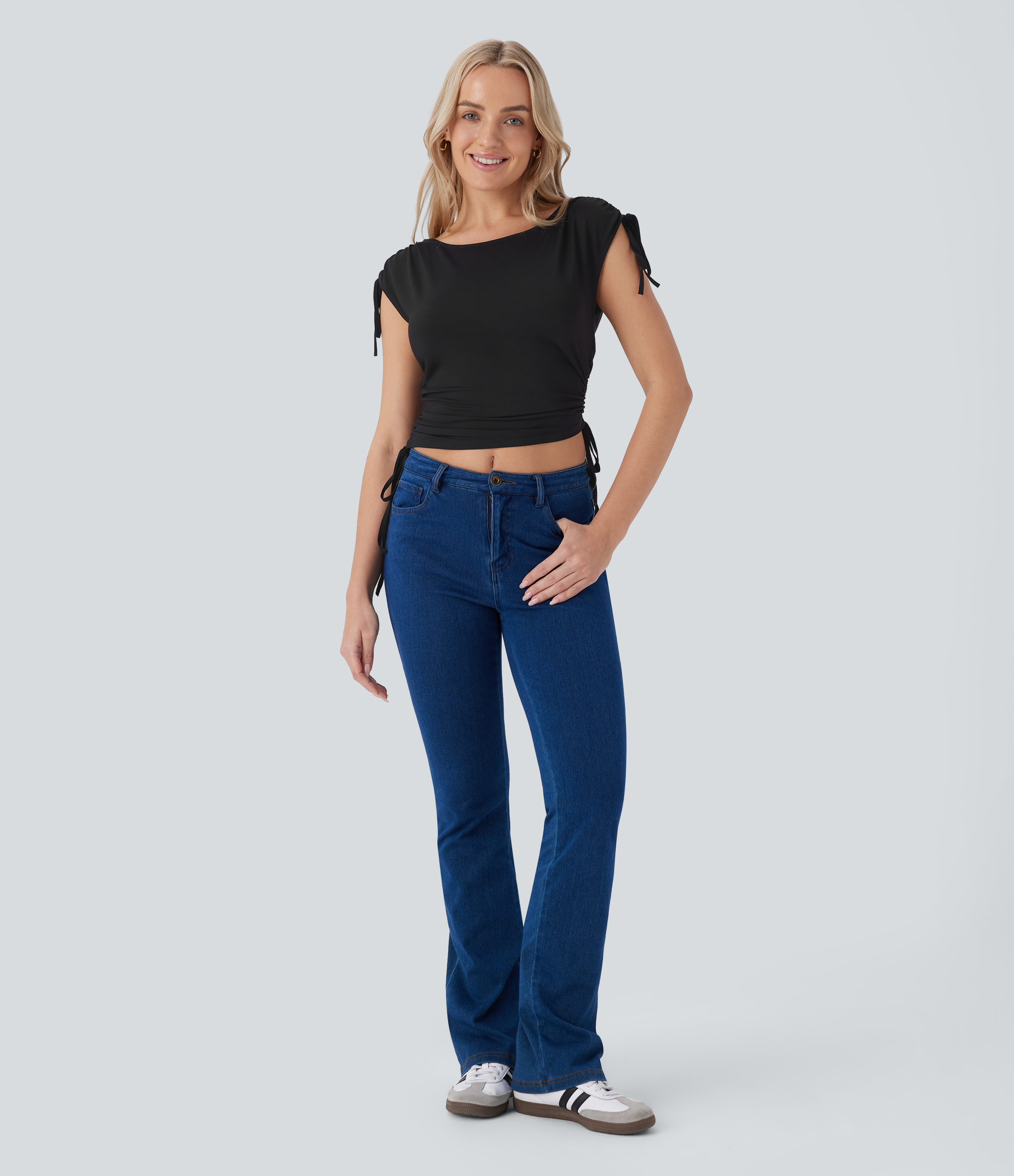 Halara Boat Neck Cap Sleeve Drawstring Backless Adjustable Strap Cropped Casual Top Tank Top - Black - S golf tops halter top tunic tops 