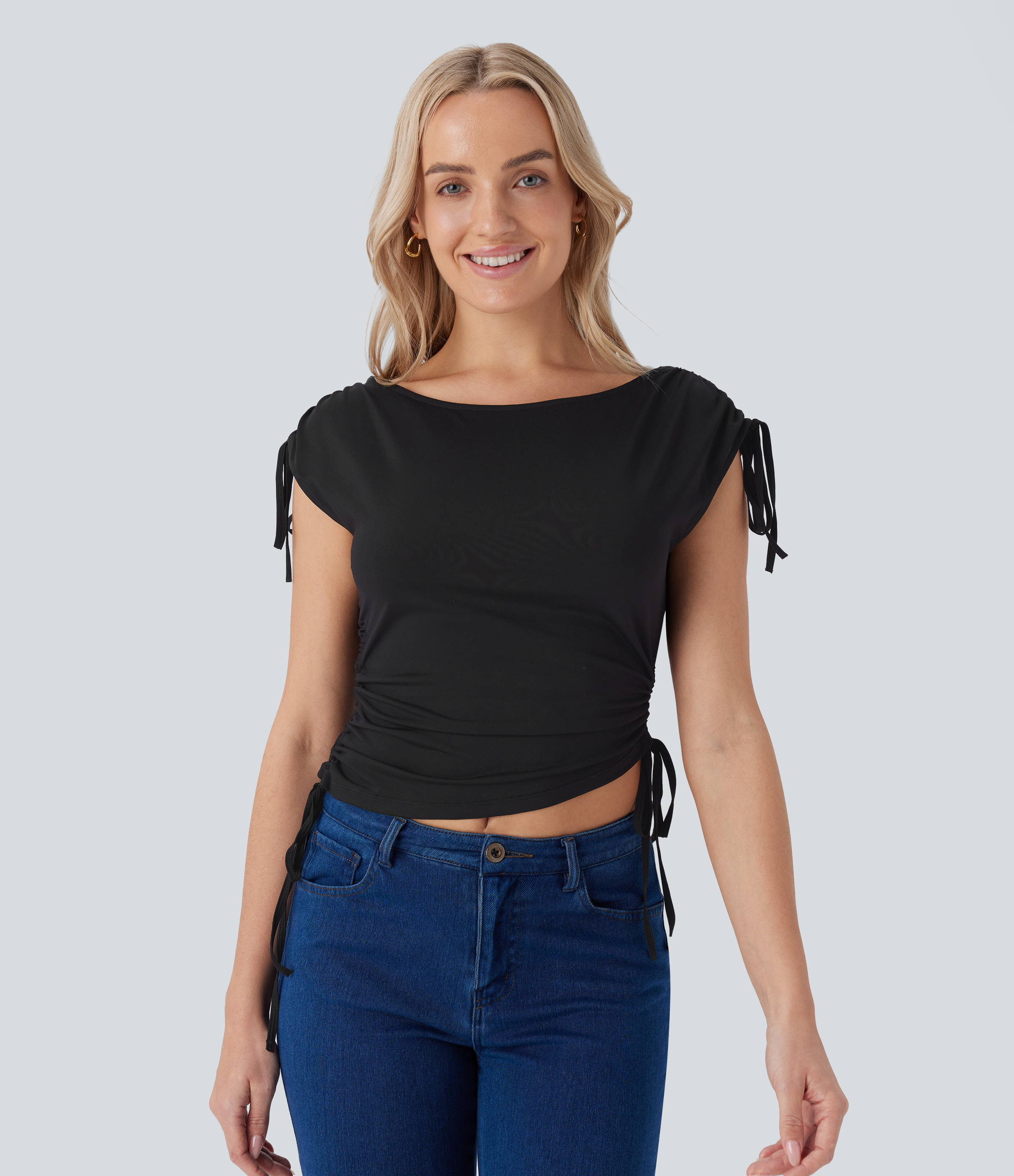 Halara Boat Neck Cap Sleeve Drawstring Backless Adjustable Strap Cropped Casual Top Tank Top - Black - S golf tops halter top tunic tops 