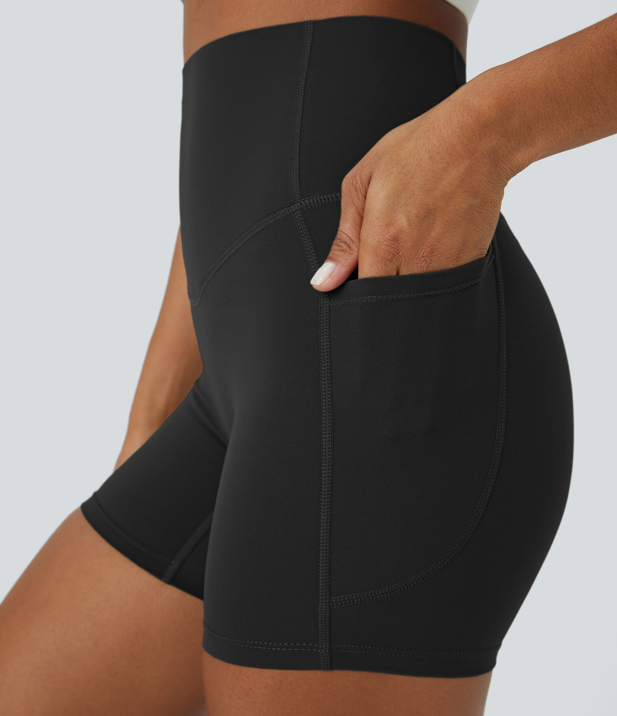 Halara SoCinched High Waisted Tummy Control Side Pocket Shaping Training Biker Shorts 5``  - Black - XS biker shorts women black biker shorts 