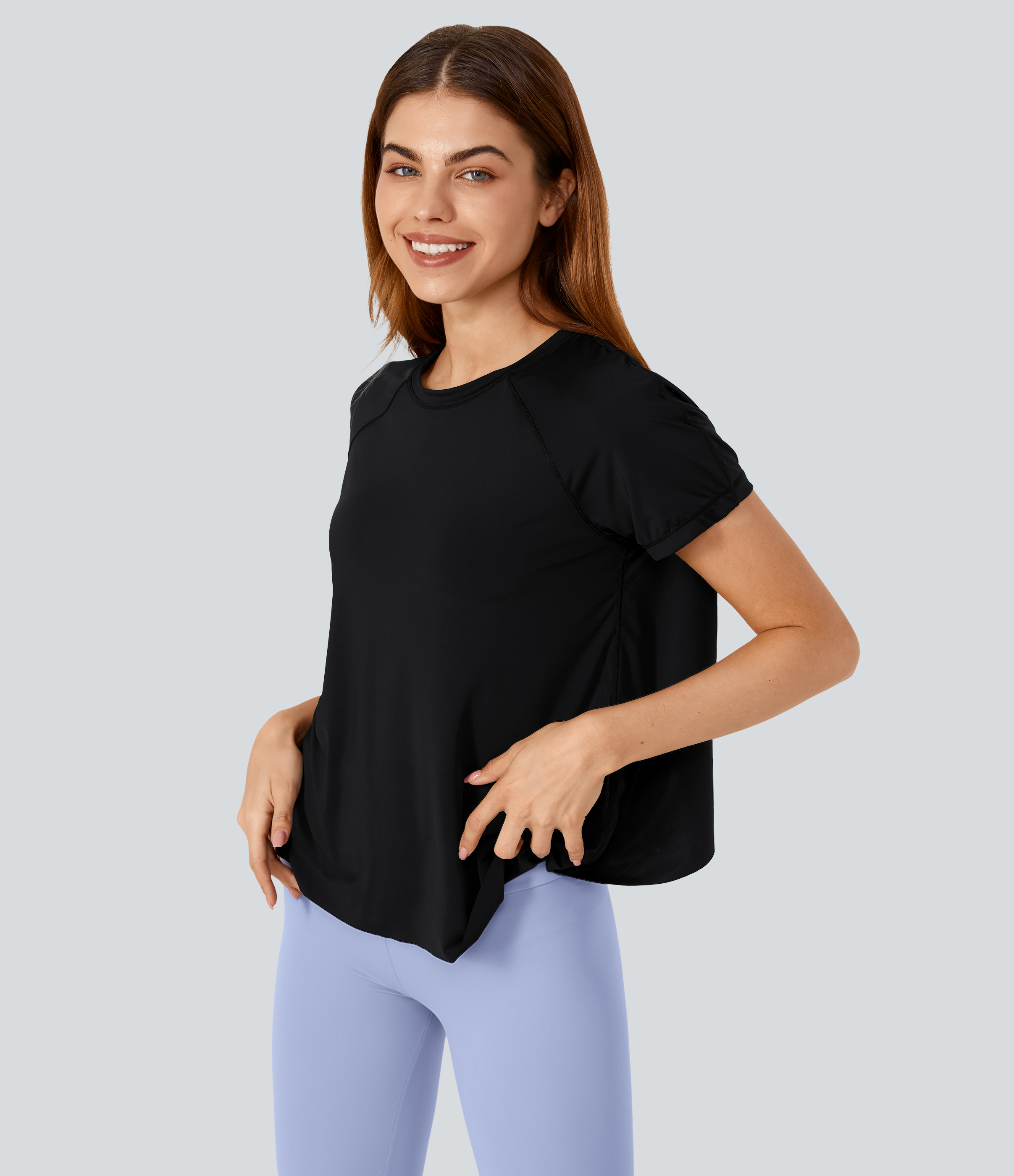 Halara Contrast Mesh Split Hem Short Sleeve Cool Touch Yoga Sports Top  - Black - XS 