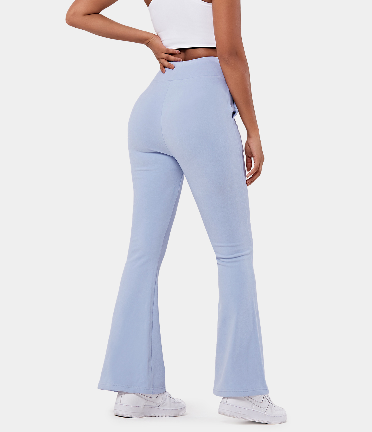 Halara High Waisted Drawstring Pocket Plain Flare Long Pants  - Light Baby Blue - L 