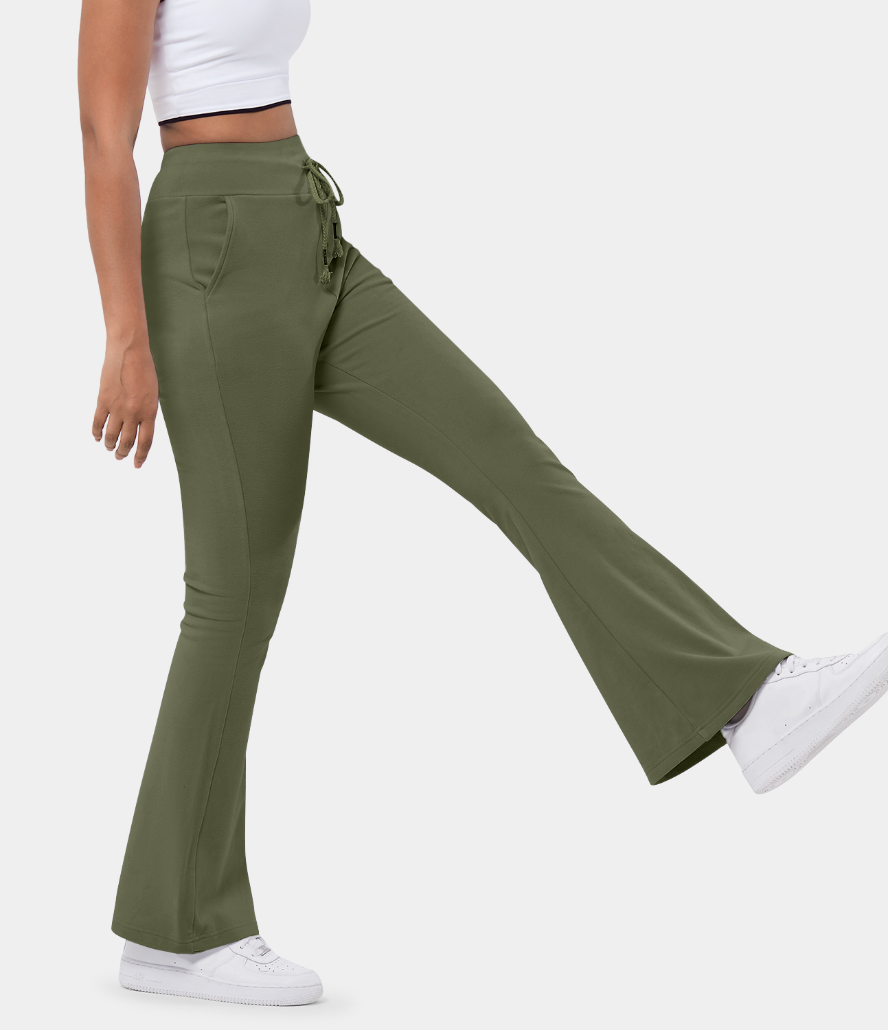 Halara High Waisted Drawstring Pocket Plain Flare Long Pants  - Moss Green - XL 