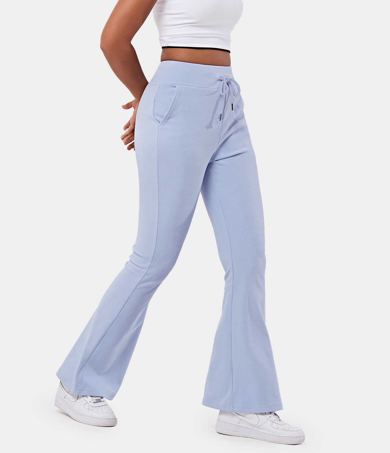 Halara High Waisted Drawstring Pocket Plain Flare Long Pants  - Light Baby Blue - L 