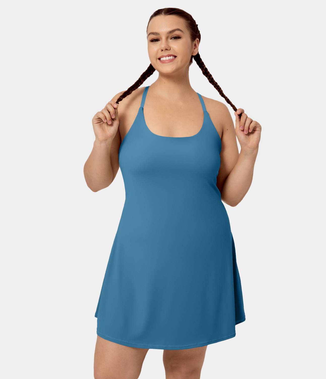 Halara Everyday Softlyzeroв„ў Airy Backless 2-in-1 Side Pocket Cool Touch Plus Size Mini Dress-Euphoria Air  - Vallarta Blue - 3X 