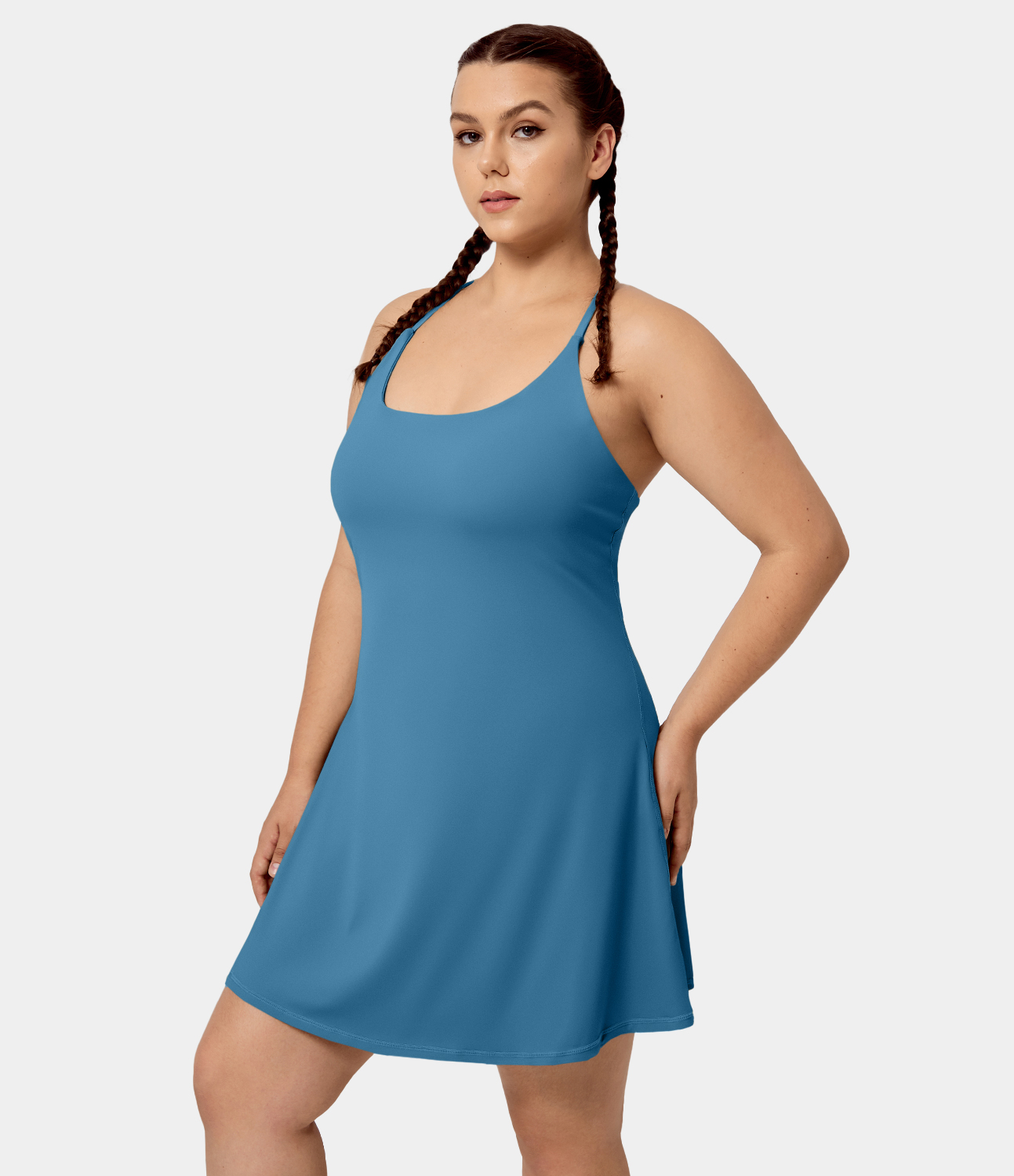 Halara Everyday Softlyzeroв„ў Airy Backless 2-in-1 Side Pocket Cool Touch Plus Size Mini Dress-Euphoria Air  - Vallarta Blue - 3X 