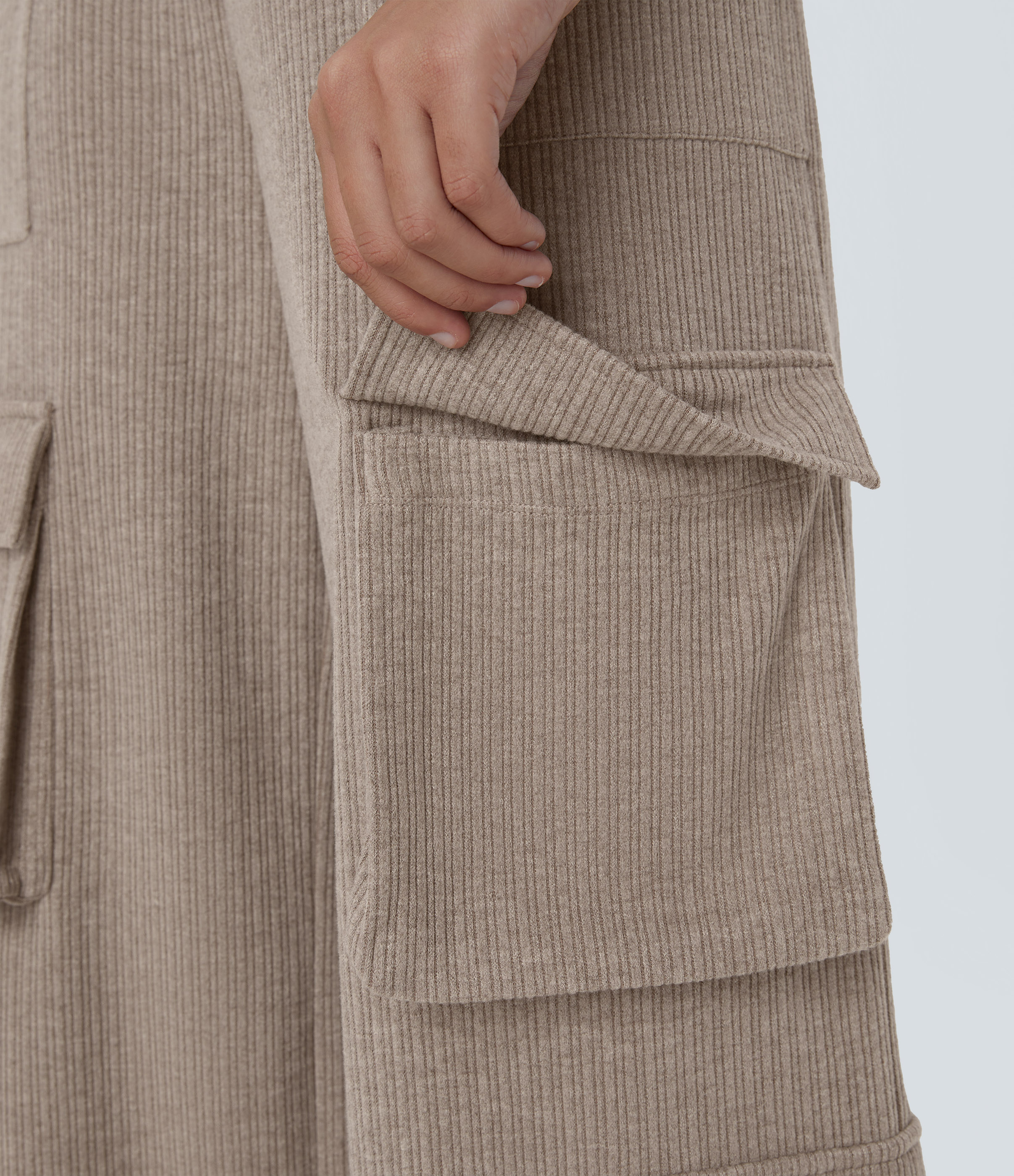 Halara Ribbed Mid Rise Drawstring Multiple Pockets Wide Leg Cargo Casual Pants  - Mocha Meringue - S(tall) sweatpants jogger pants 