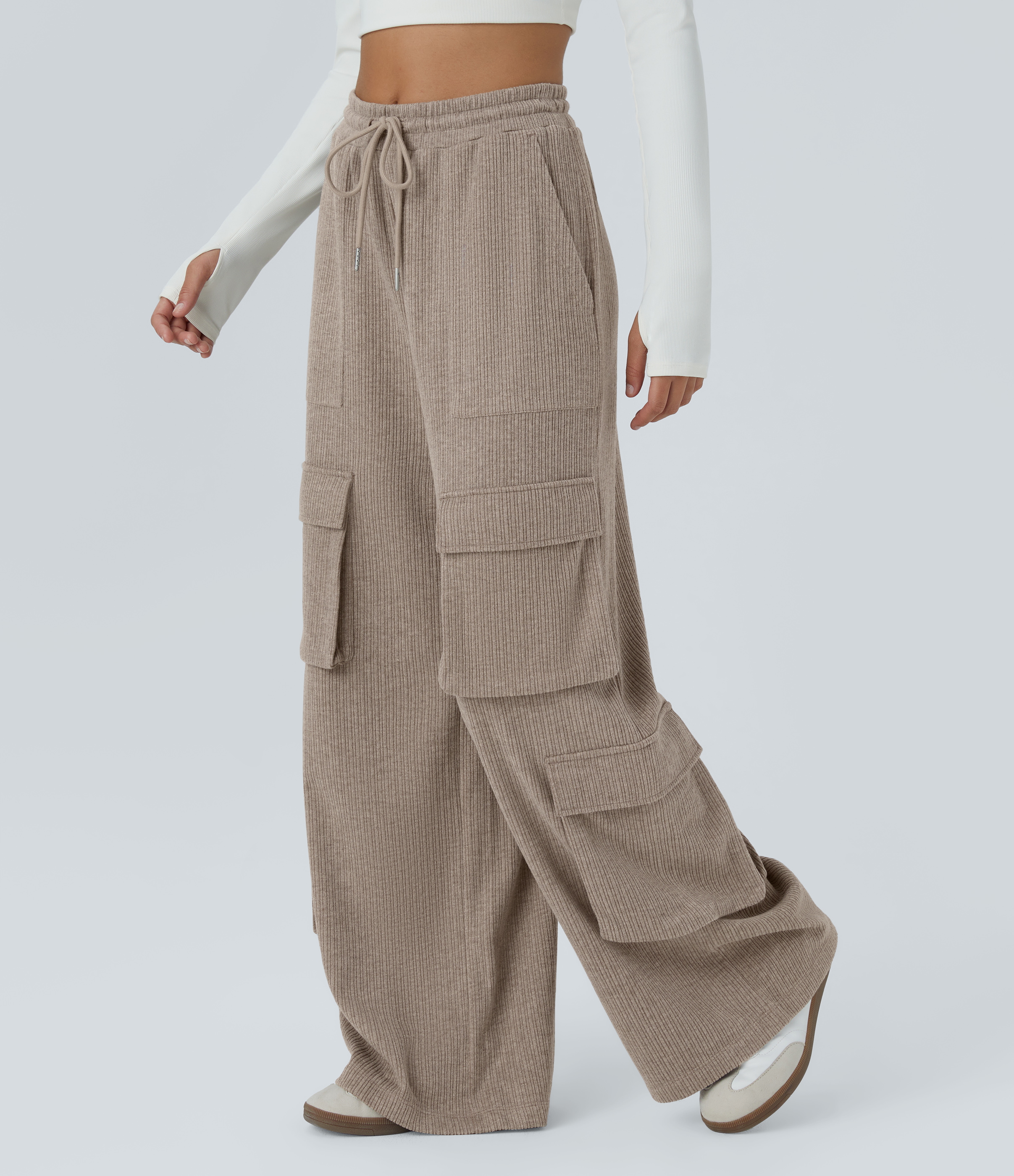 Halara Ribbed Mid Rise Drawstring Multiple Pockets Wide Leg Cargo Casual Pants  - Mocha Meringue - S(tall) sweatpants jogger pants 