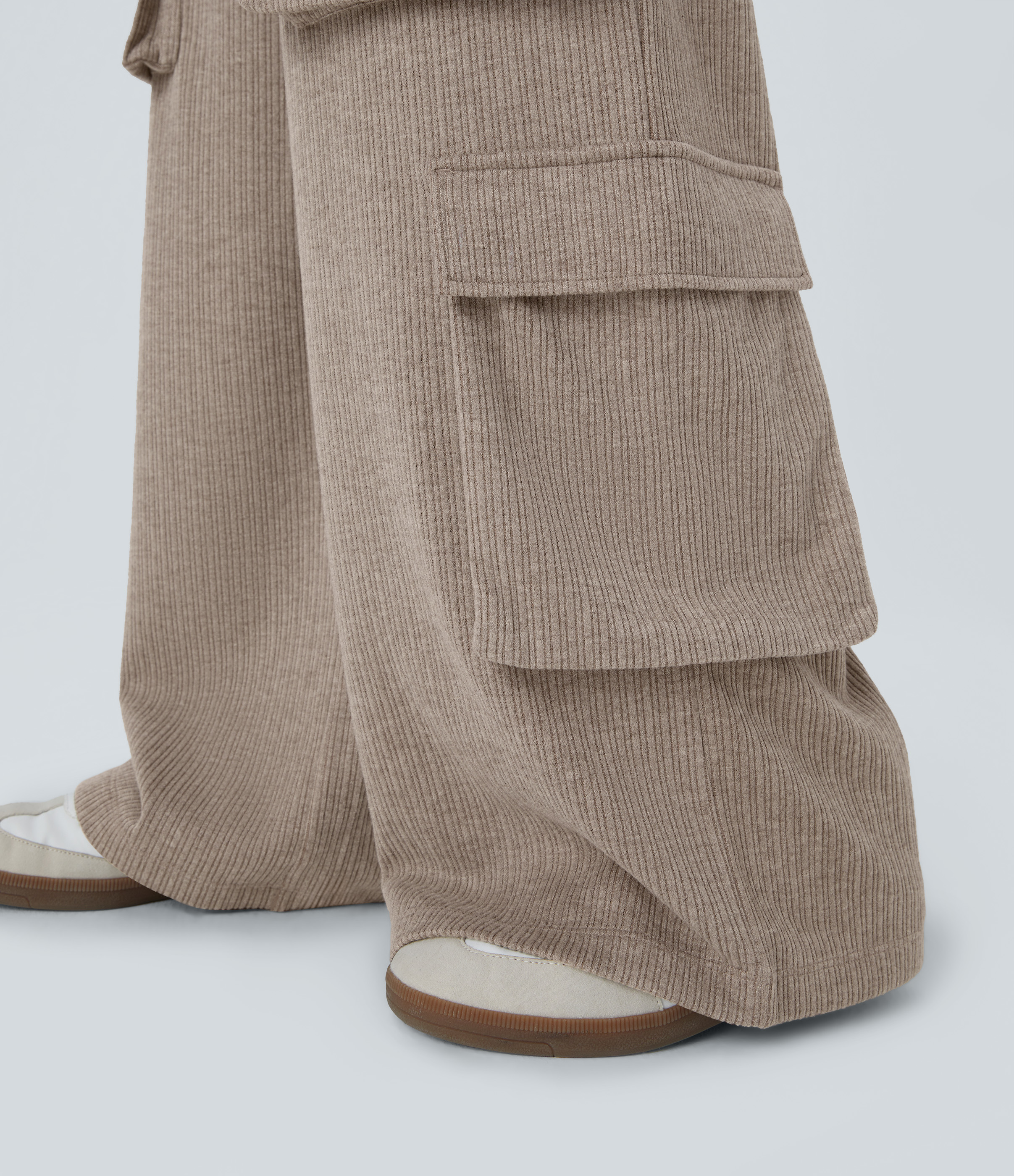 Halara Ribbed Mid Rise Drawstring Multiple Pockets Wide Leg Cargo Casual Pants  - Mocha Meringue - S(tall) sweatpants jogger pants 