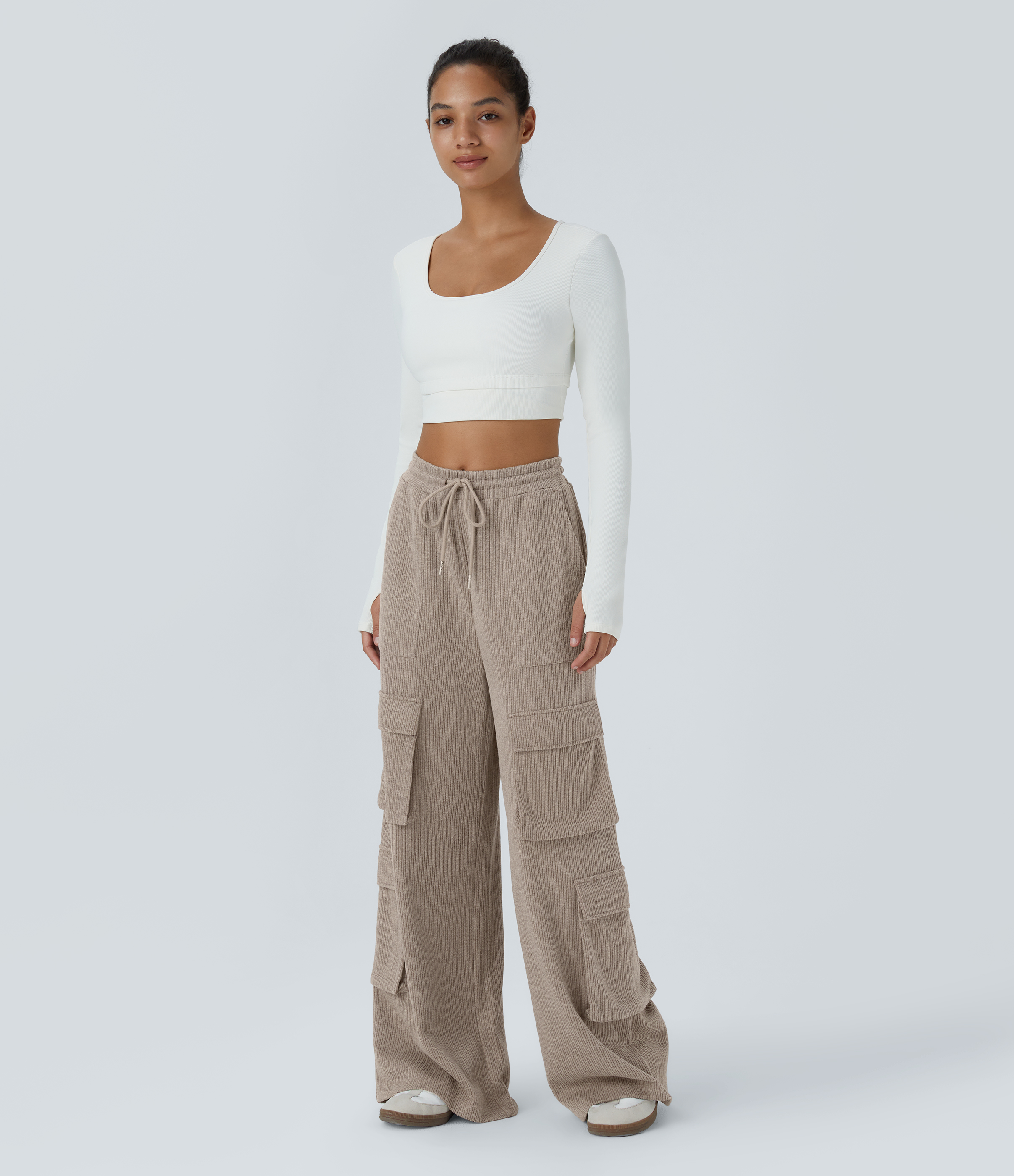 Halara Ribbed Mid Rise Drawstring Multiple Pockets Wide Leg Cargo Casual Pants  - Mocha Meringue - S(tall) sweatpants jogger pants 