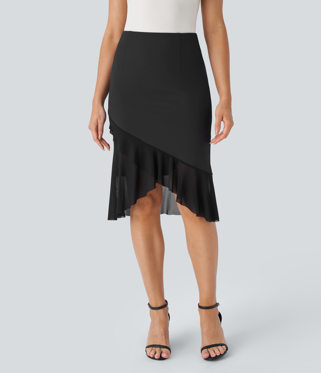 Halara High Waisted Contrast Mesh Ruffle Hem Work Mermaid Skirt  - Black - M(regular) 