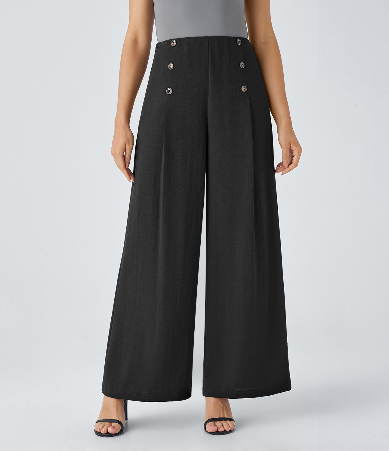 

Halara High Waisted Decorative Button Invisible Zipper Wide Leg Palazzo Work Linen-Feel Pants - Black -  sweatpants jogger pants