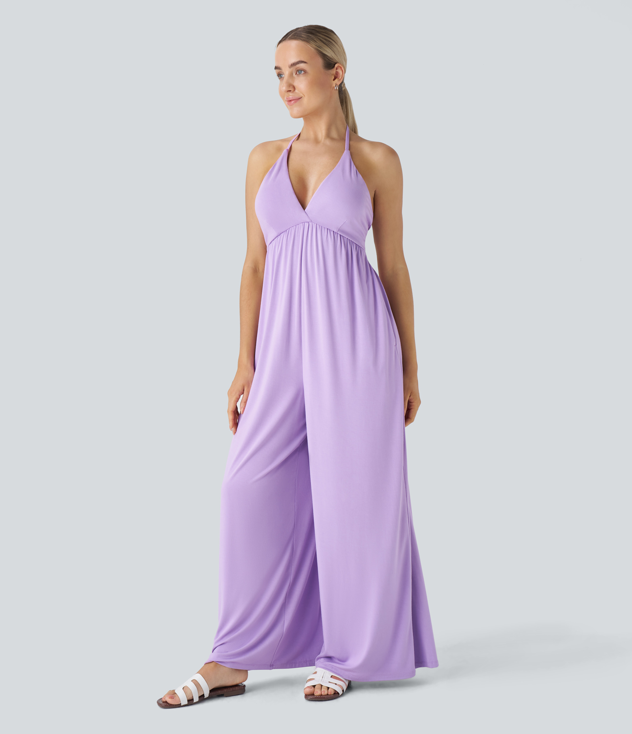 

Halara Halter Backless Tie Back Side Pocket Wide Leg Resort Jumpsuit - Jasmine purple