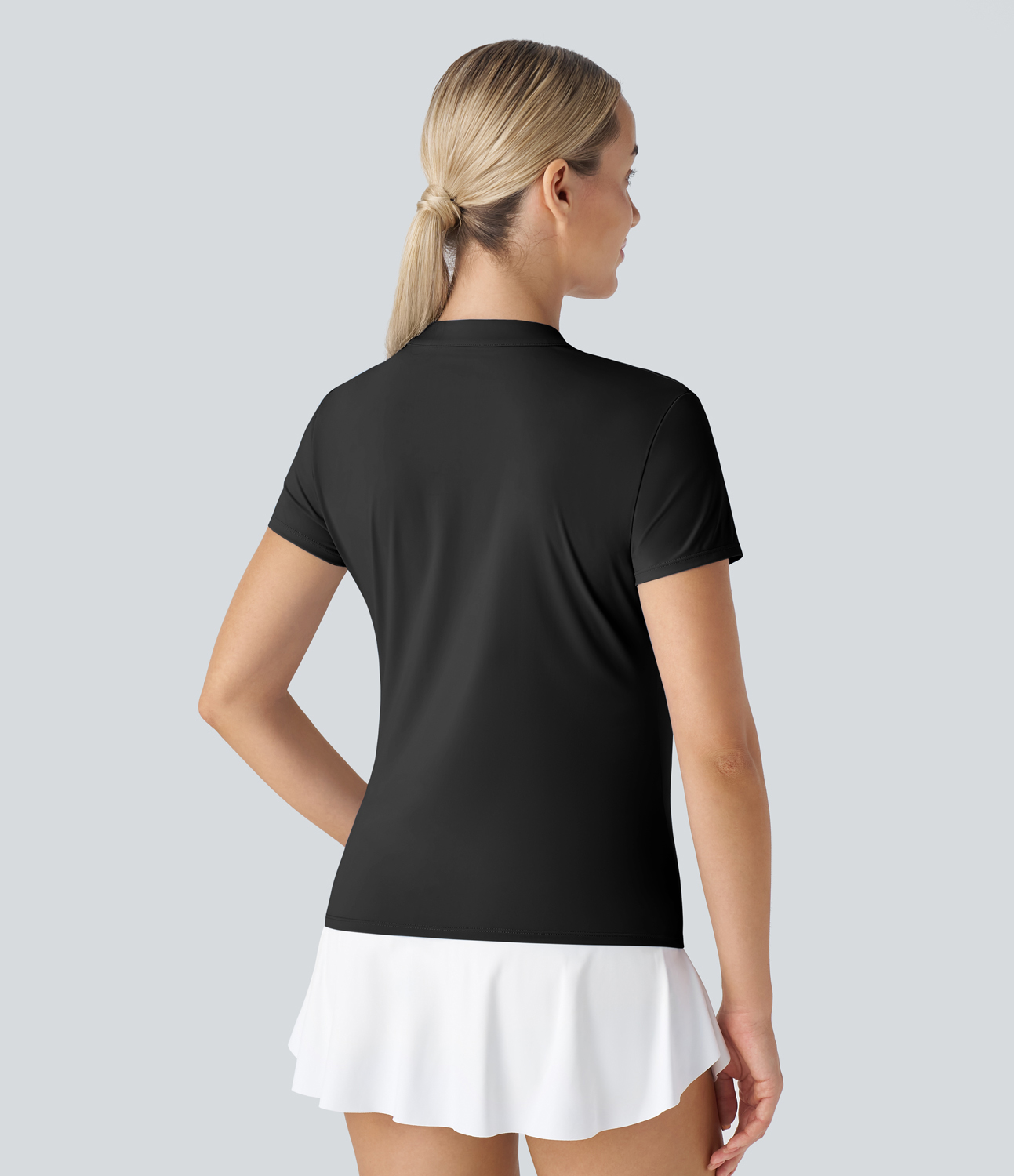 Halara Stand Collar Short Sleeve Cool Touch Tennis Sport Top-UPF50+  - Black - XS 