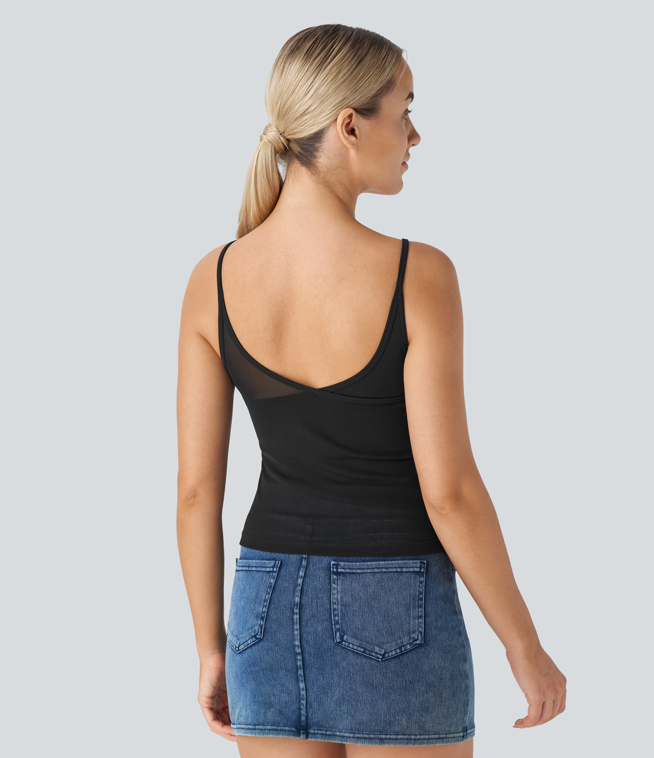 Halara V Neck Backless Contrast Mesh Skinny Casual Cami Top Tank Top - Black - XL golf tops halter top tunic tops sleeveless tops 