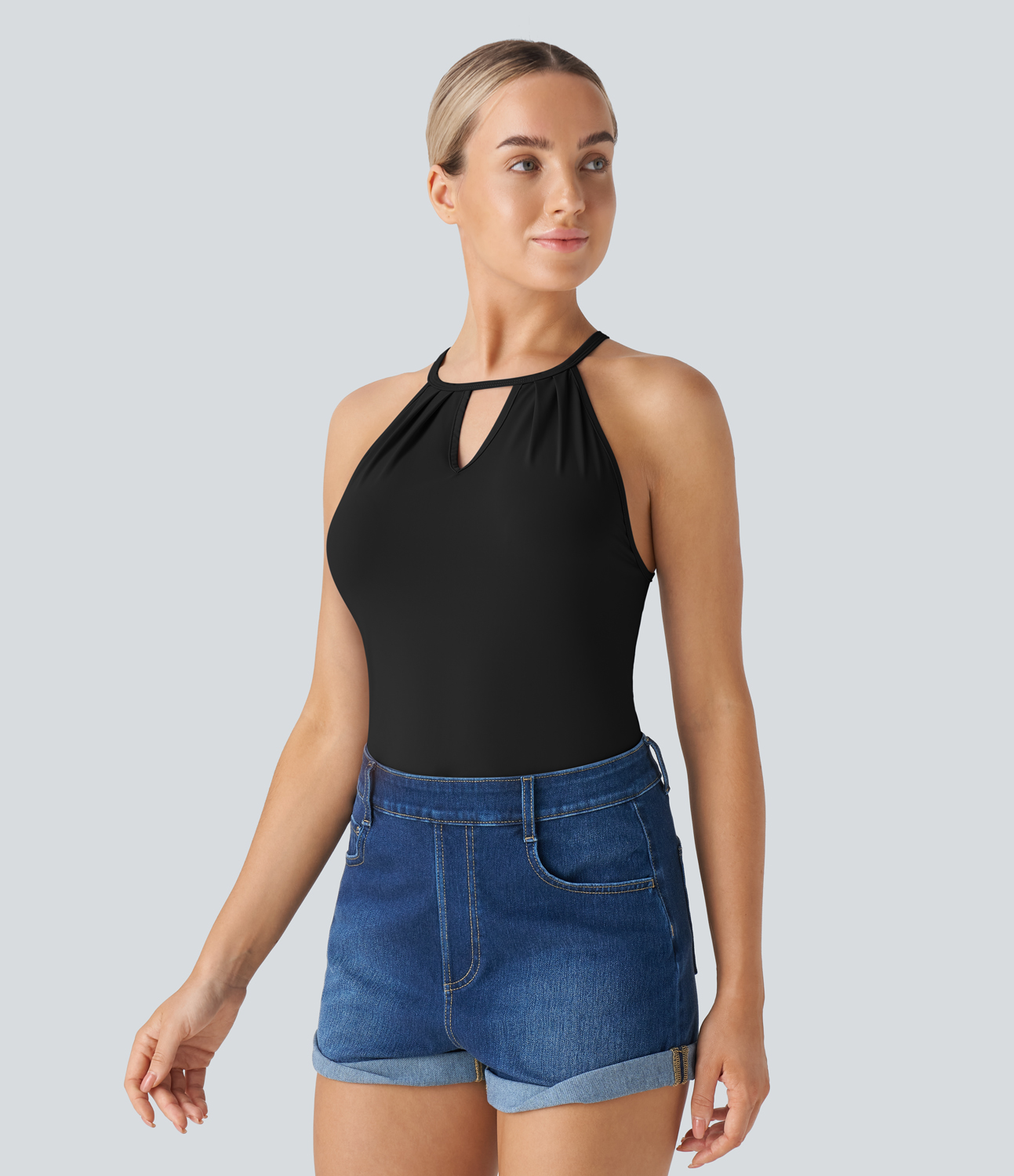 Halara Cut Out Plicated Cool Touch Casual Cami Top-UPF50+ Tank Top - Black - L golf tops halter top tunic tops sleeveless tops backless top 